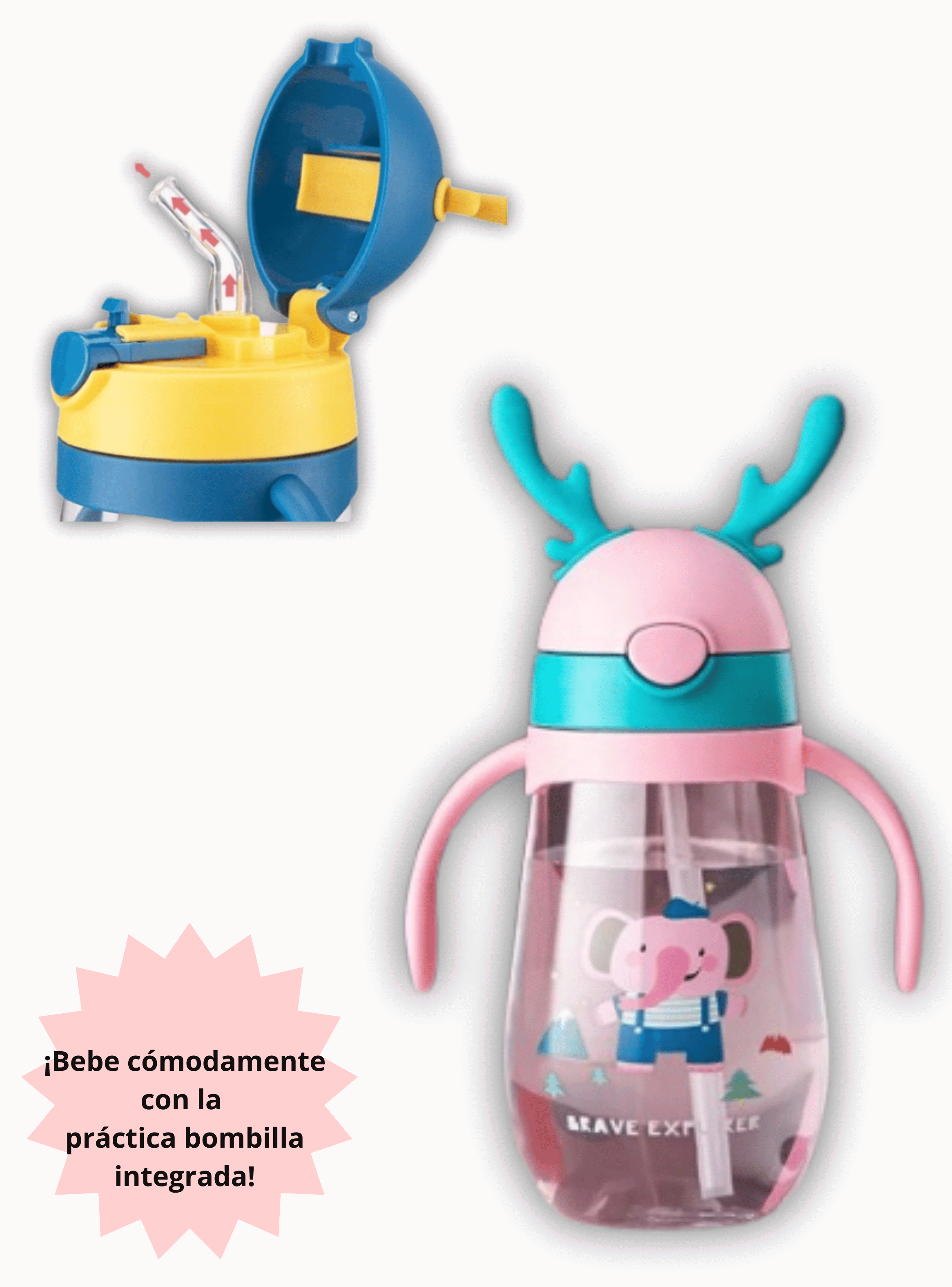 Botella Plástica 480 ML Con Bombilla Y Orejitas Kawai Sin BPA Niños Elephant-2