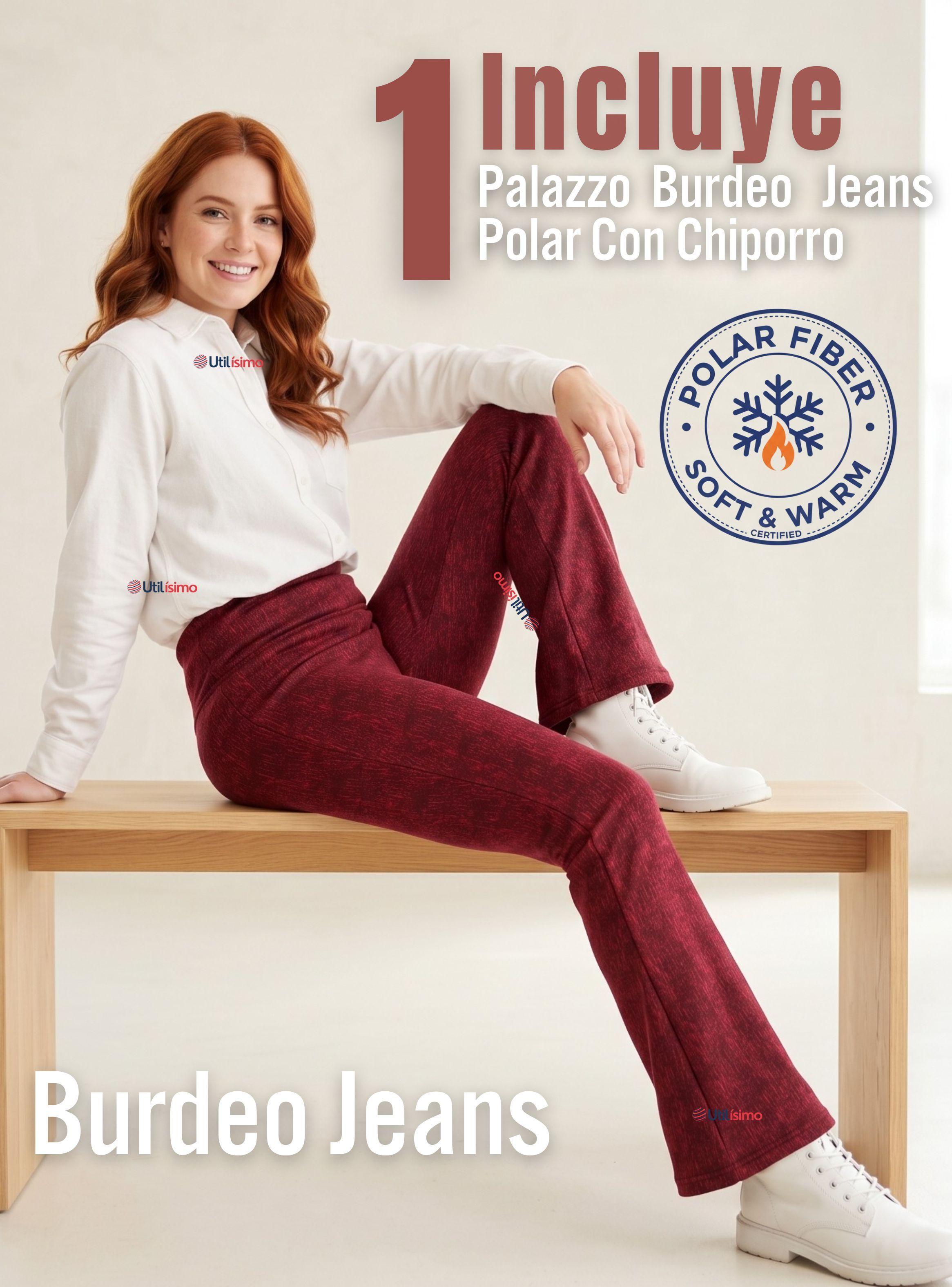 Calza Polar Con Chiporro Palazzo Mujer Elasticada Térmica Color Burdeo Jeans-2