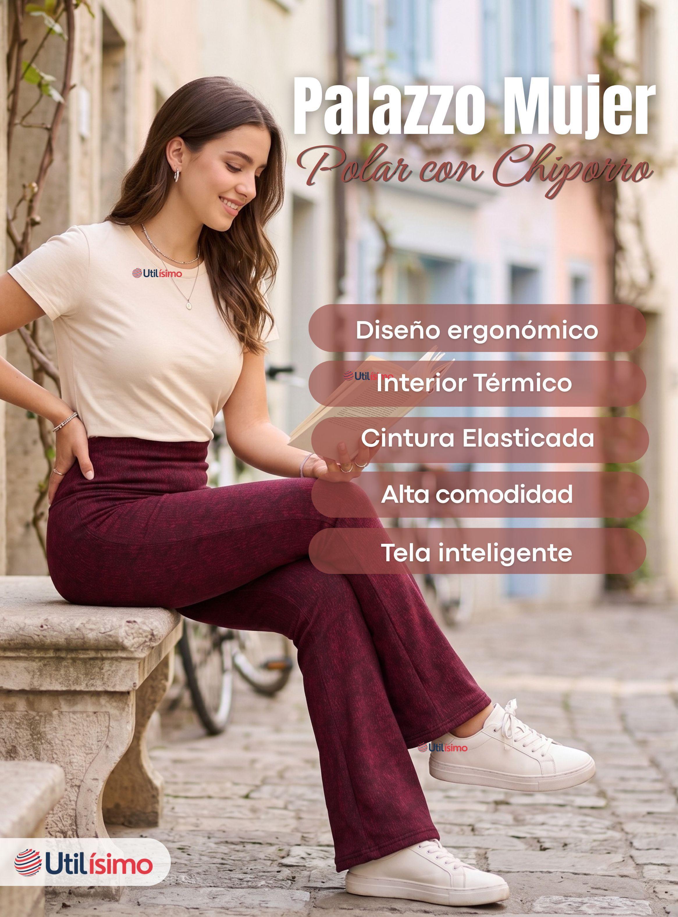 Calza Polar Con Chiporro Palazzo Mujer Elasticada Térmica Color Burdeo Jeans-3