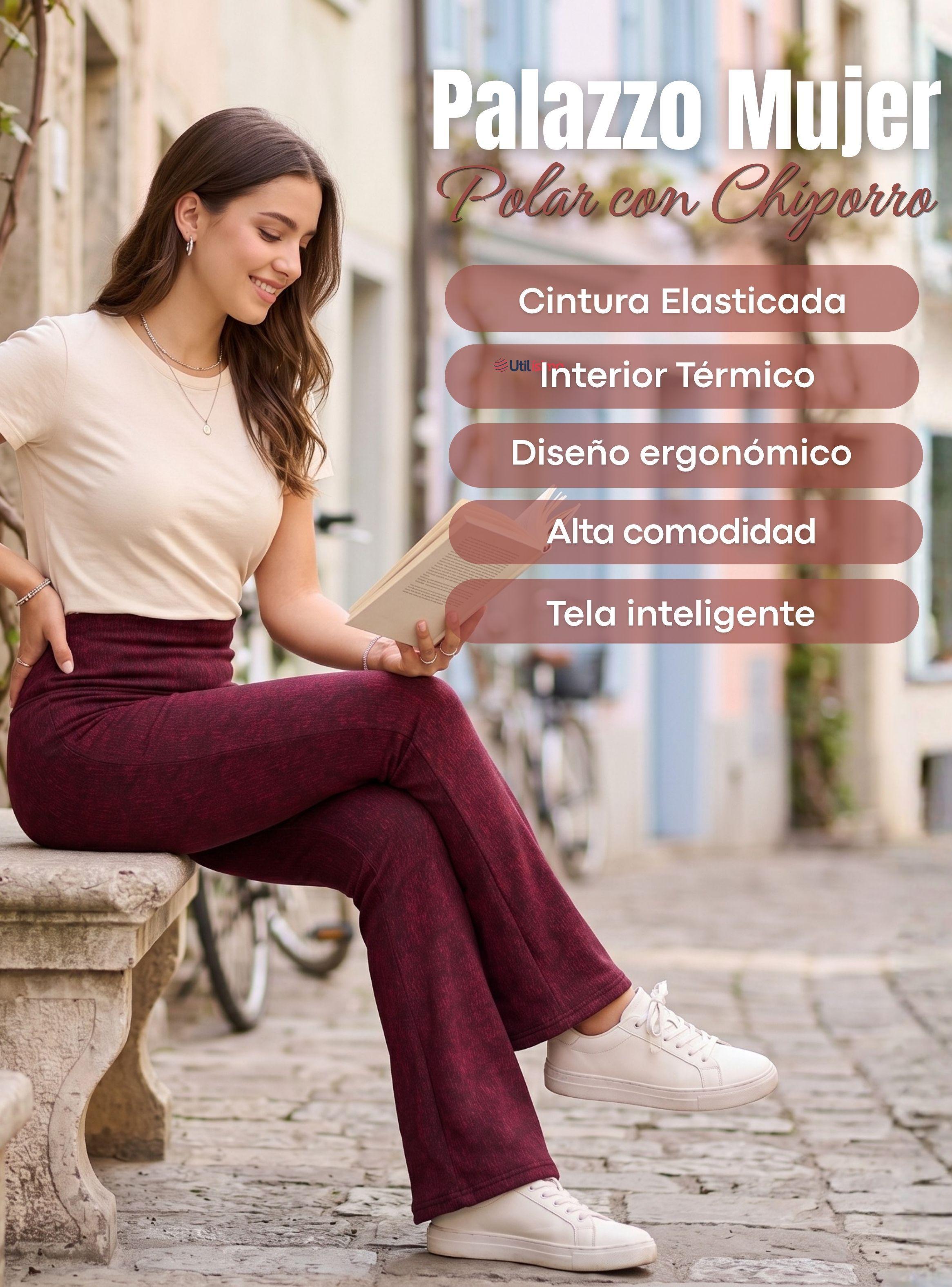Calza Polar Con Chiporro Palazzo Mujer Elasticada Térmica Color Burdeo Jeans-4