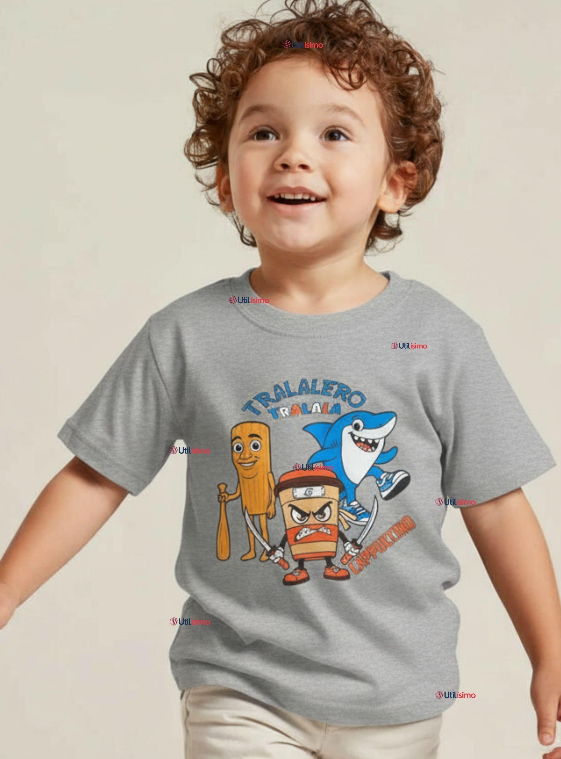 Polera Brainrots 100% Algodón Manga Corta Niño Tralalero Gris Claro-0