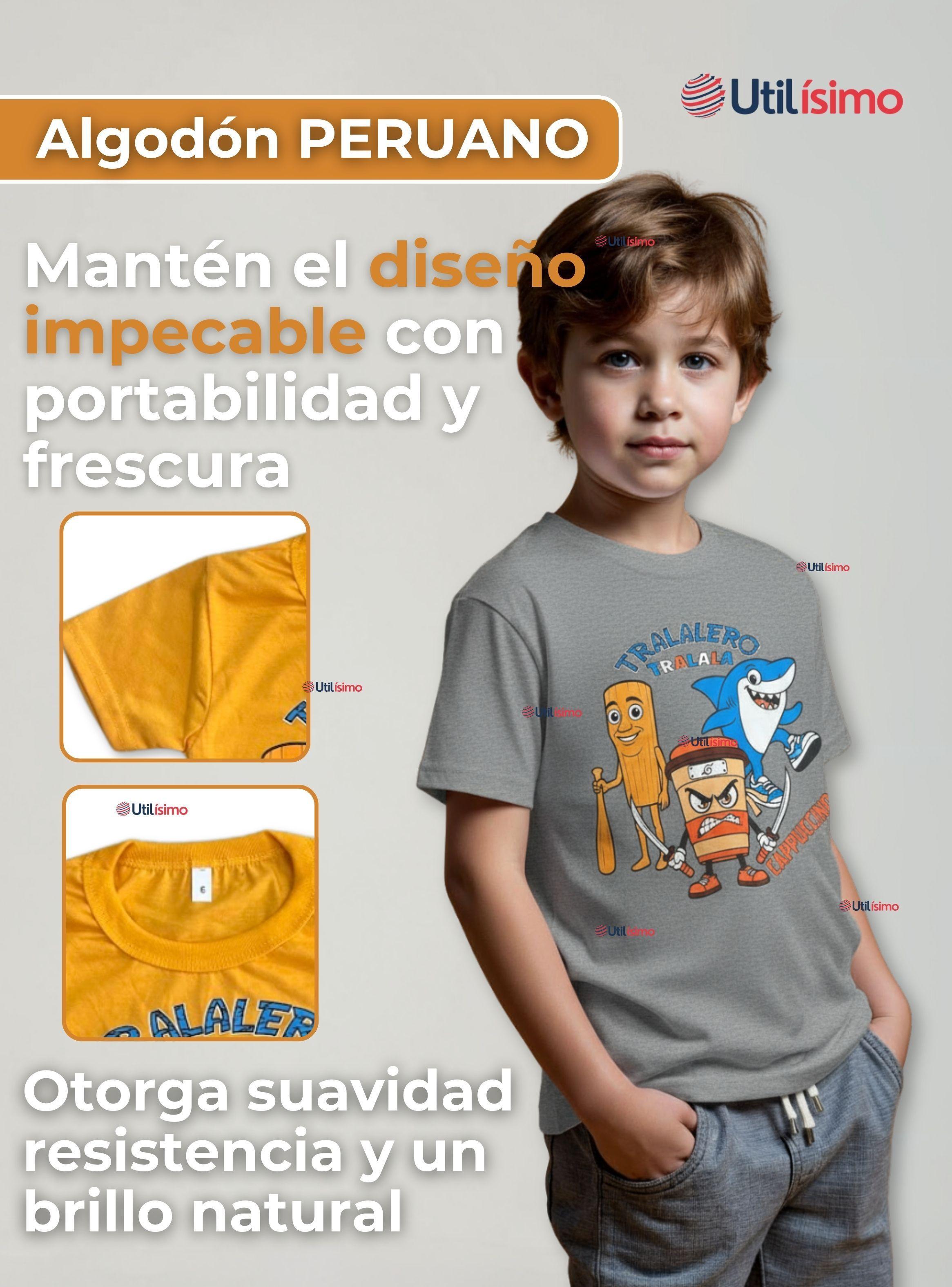Polera Brainrots 100% Algodón Manga Corta Niño Tralalero Gris Claro-1