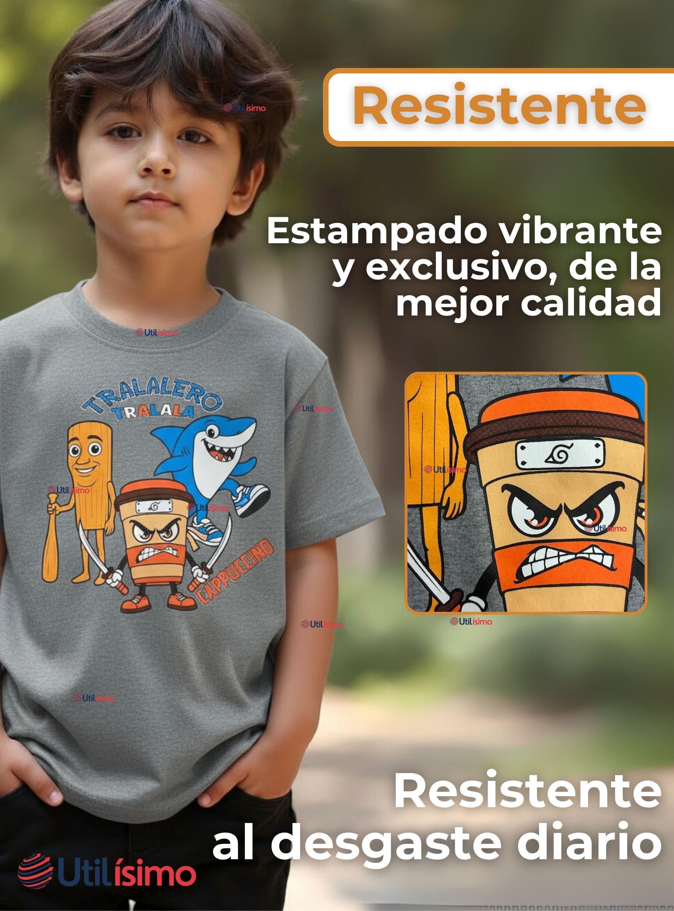 Polera Brainrots 100% Algodón Manga Corta Niño Tralalero Gris Claro-3