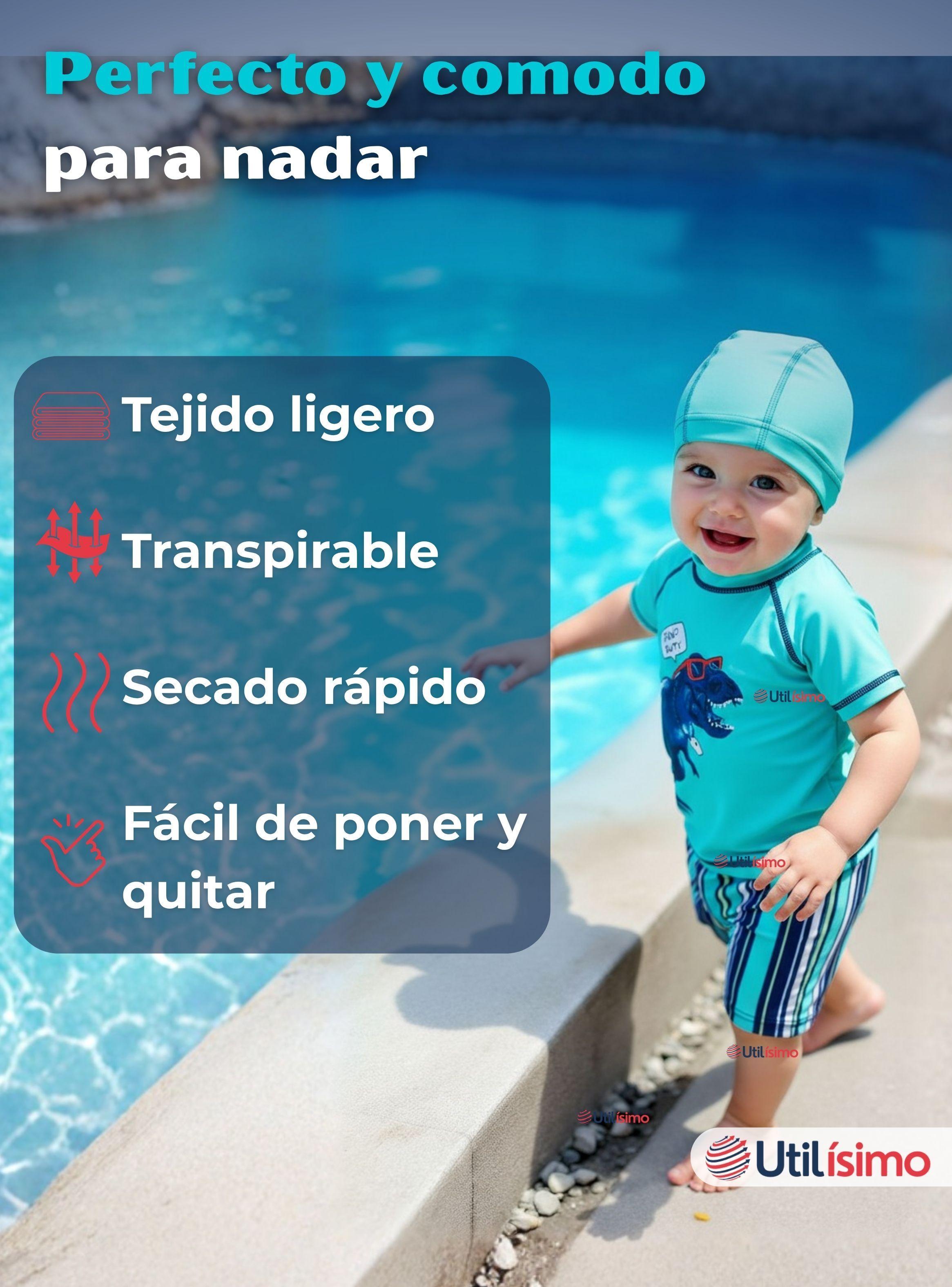 Traje De Baño Polera Manga Corta Pantalón Corto y Gorro 3 piezas para Niños 3 a 9 Años Dino-3