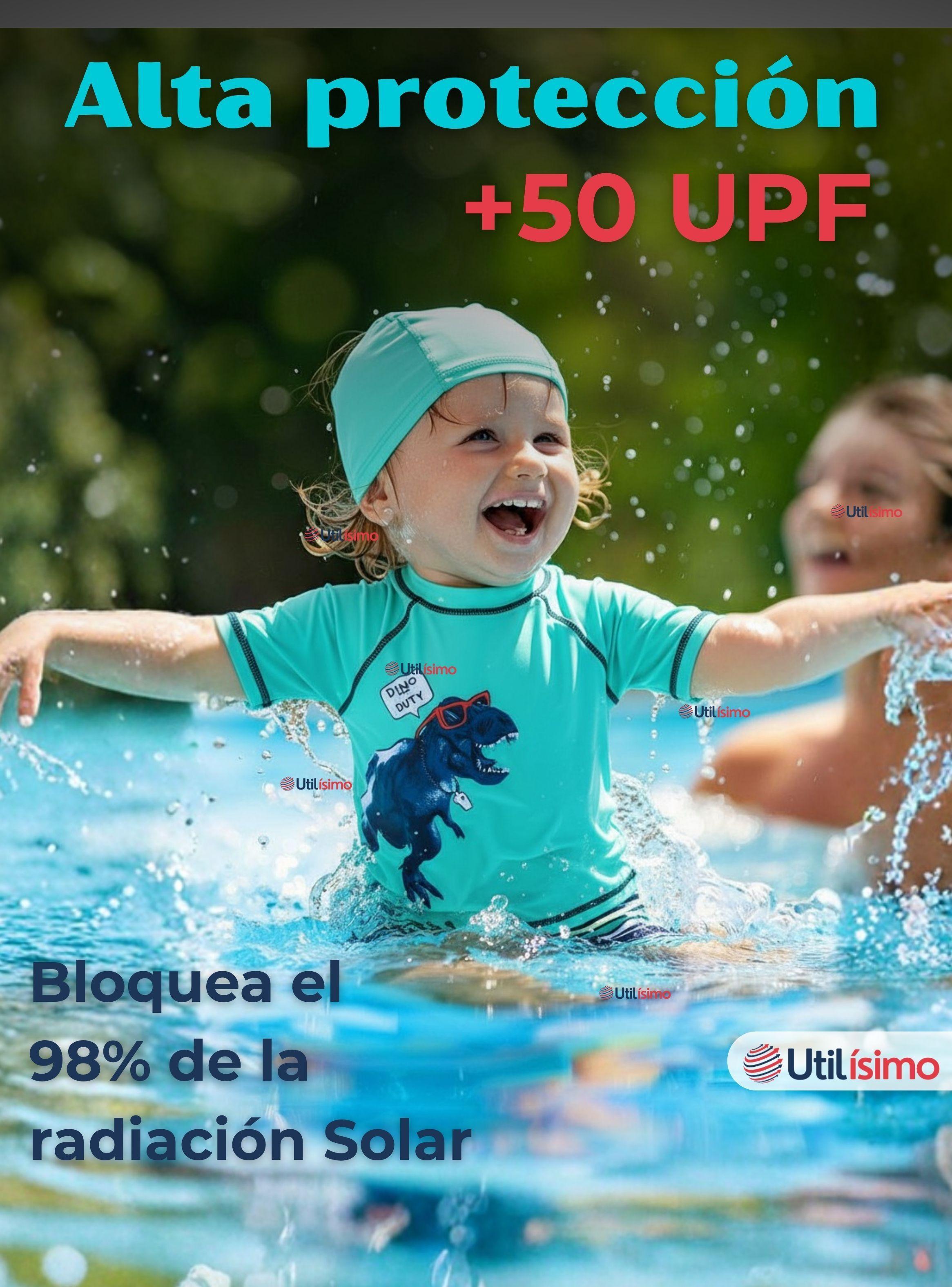 Traje De Baño Polera Manga Corta Pantalón Corto y Gorro 3 piezas para Niños 3 a 9 Años Dino-4