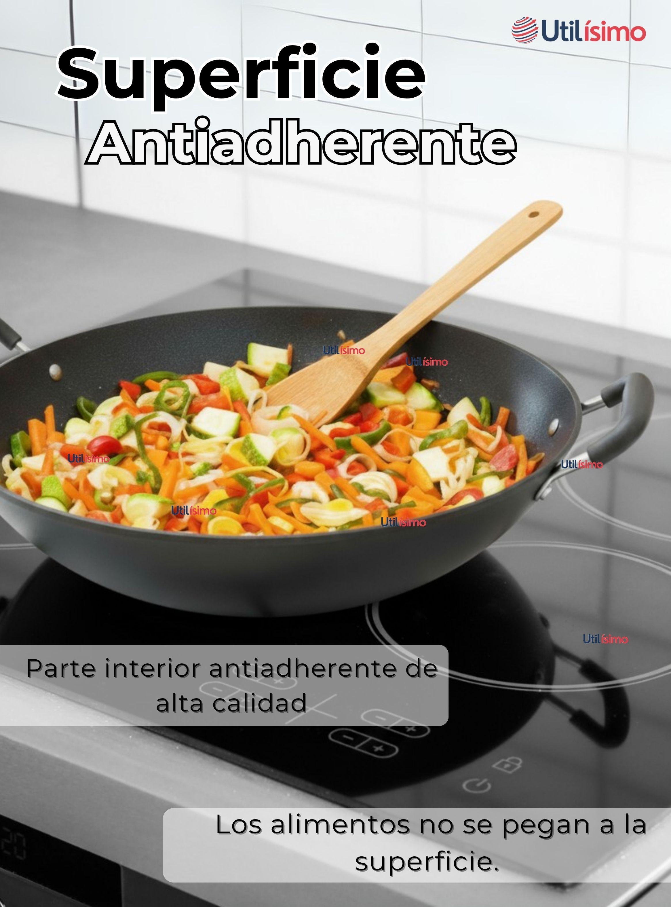 Wok Chino de Acero Inoxidable Antiadherente 34cm+ Cuchara de Madera de Bambú-5