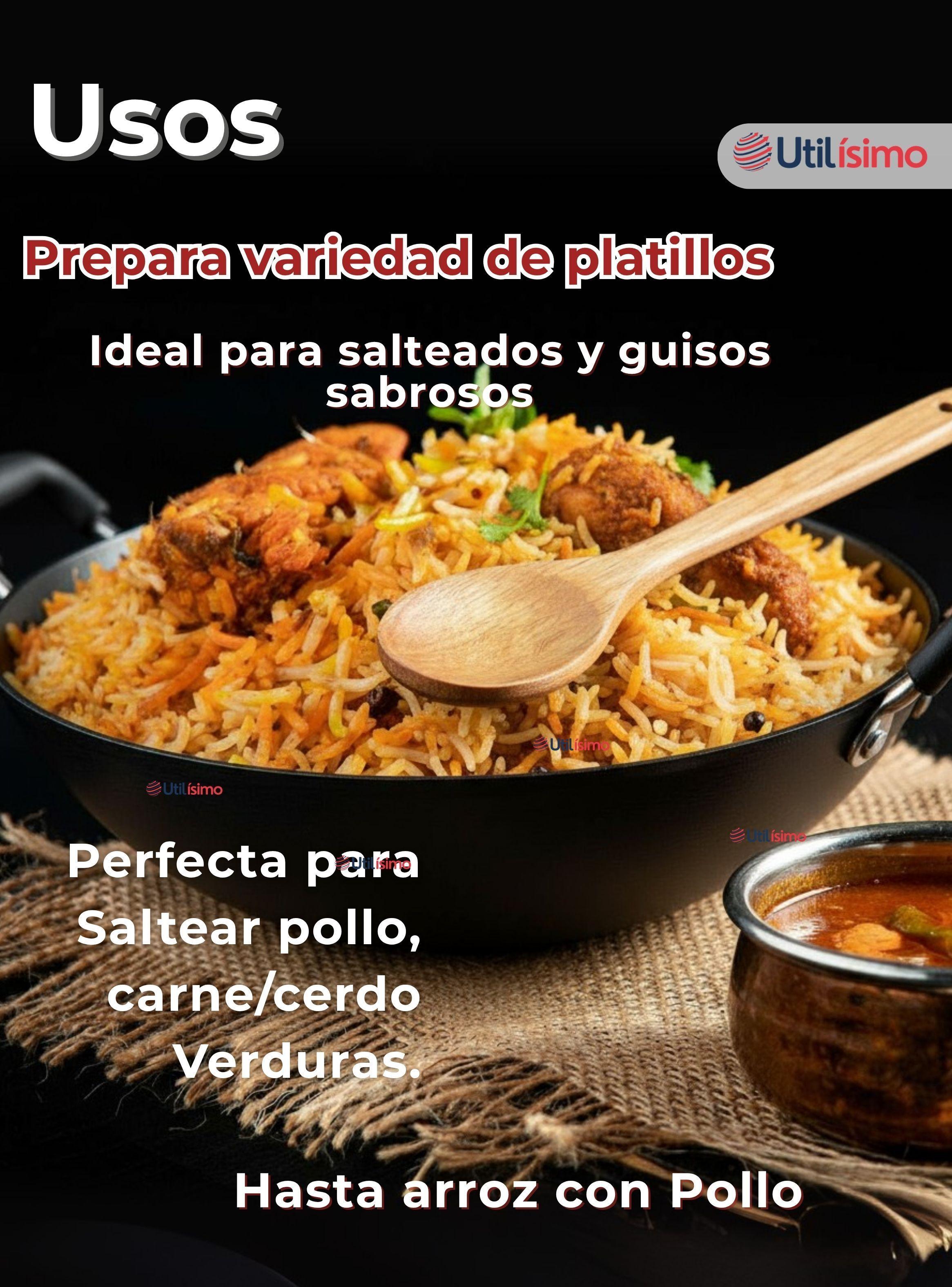 Wok Chino de Acero Inoxidable Antiadherente 34cm+ Cuchara de Madera de Bambú-6