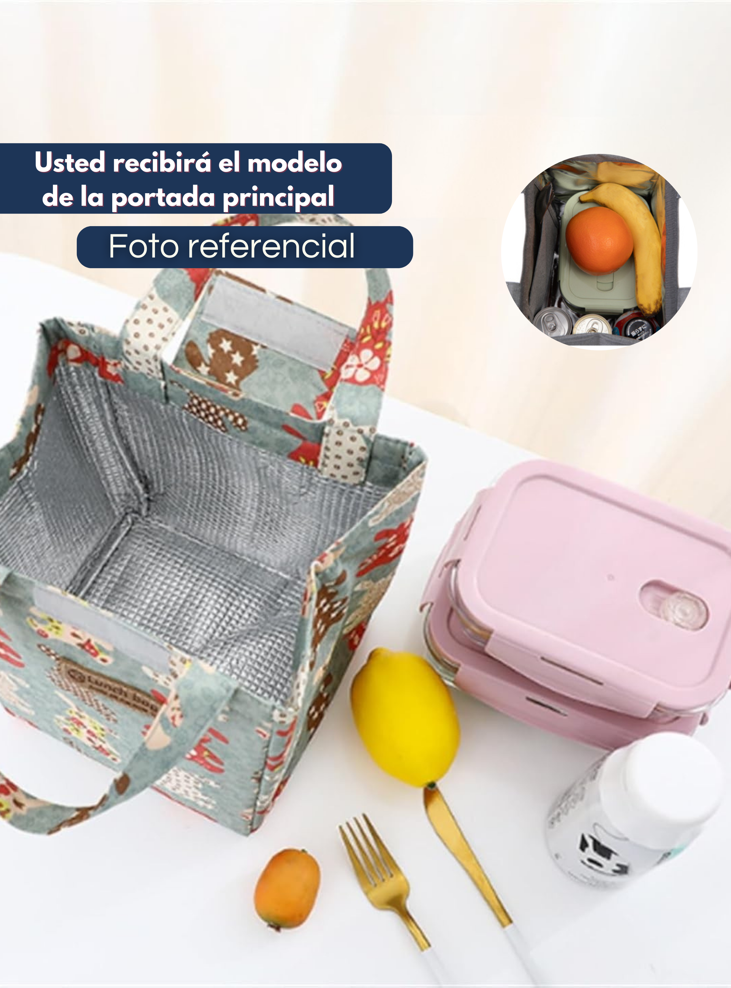 Lonchera Térmica Estampada Bolsa de Mano para Picnic Portátil Rojo Flores-3