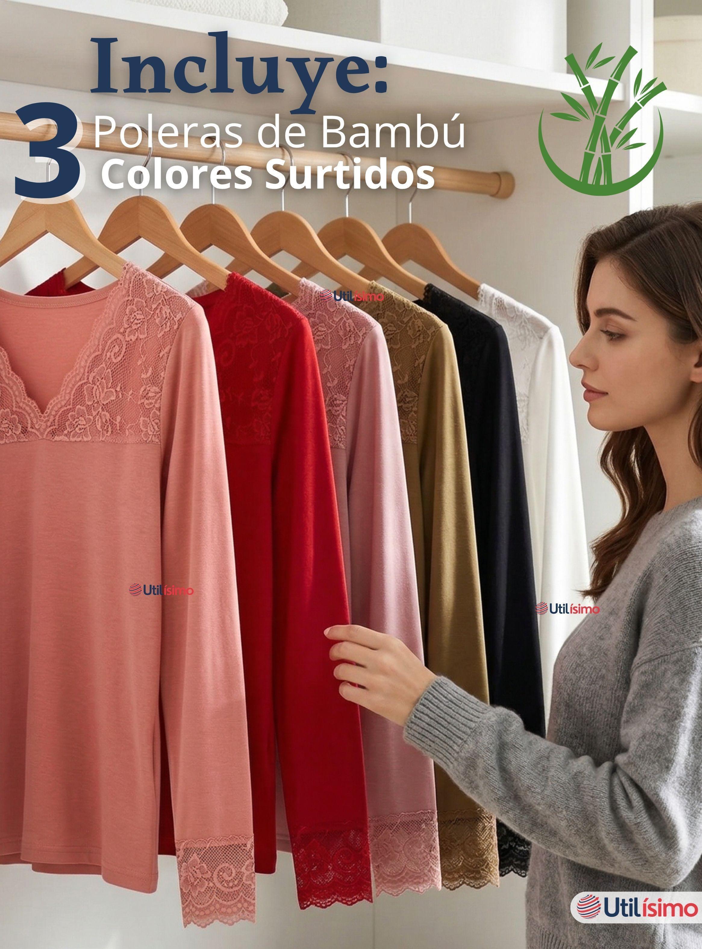 Pack 3 Camisetas Poleras Bambú Cuello V Manga Larga Con Encaje Colores Surtidos Mujer-2