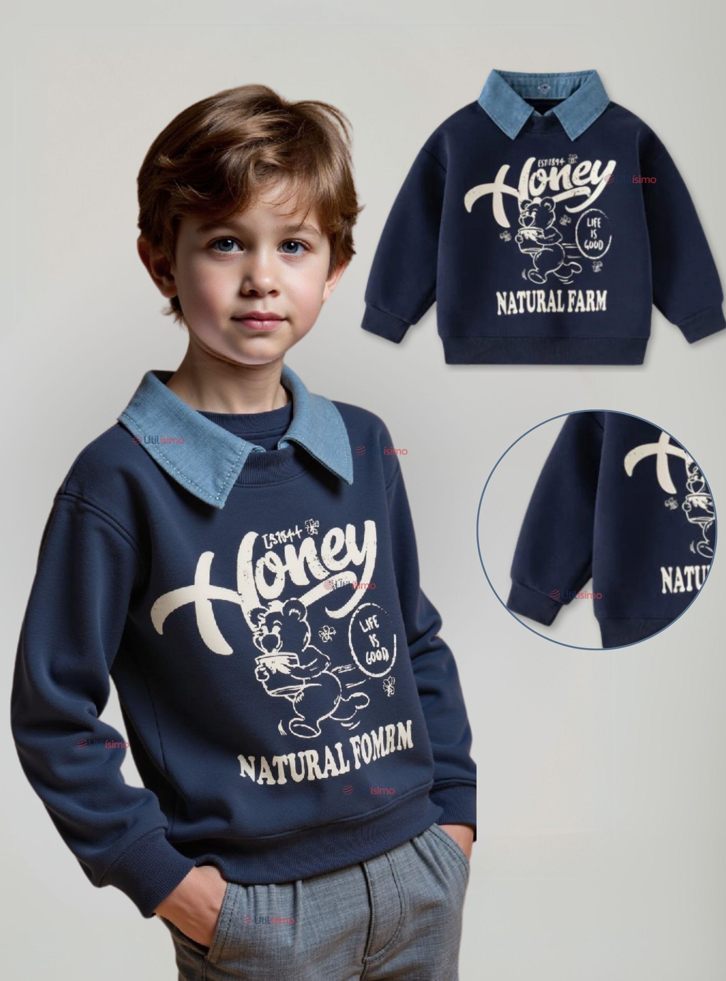 Polerón Algodón Estilo Pique Manga Larga Niños Azul-0