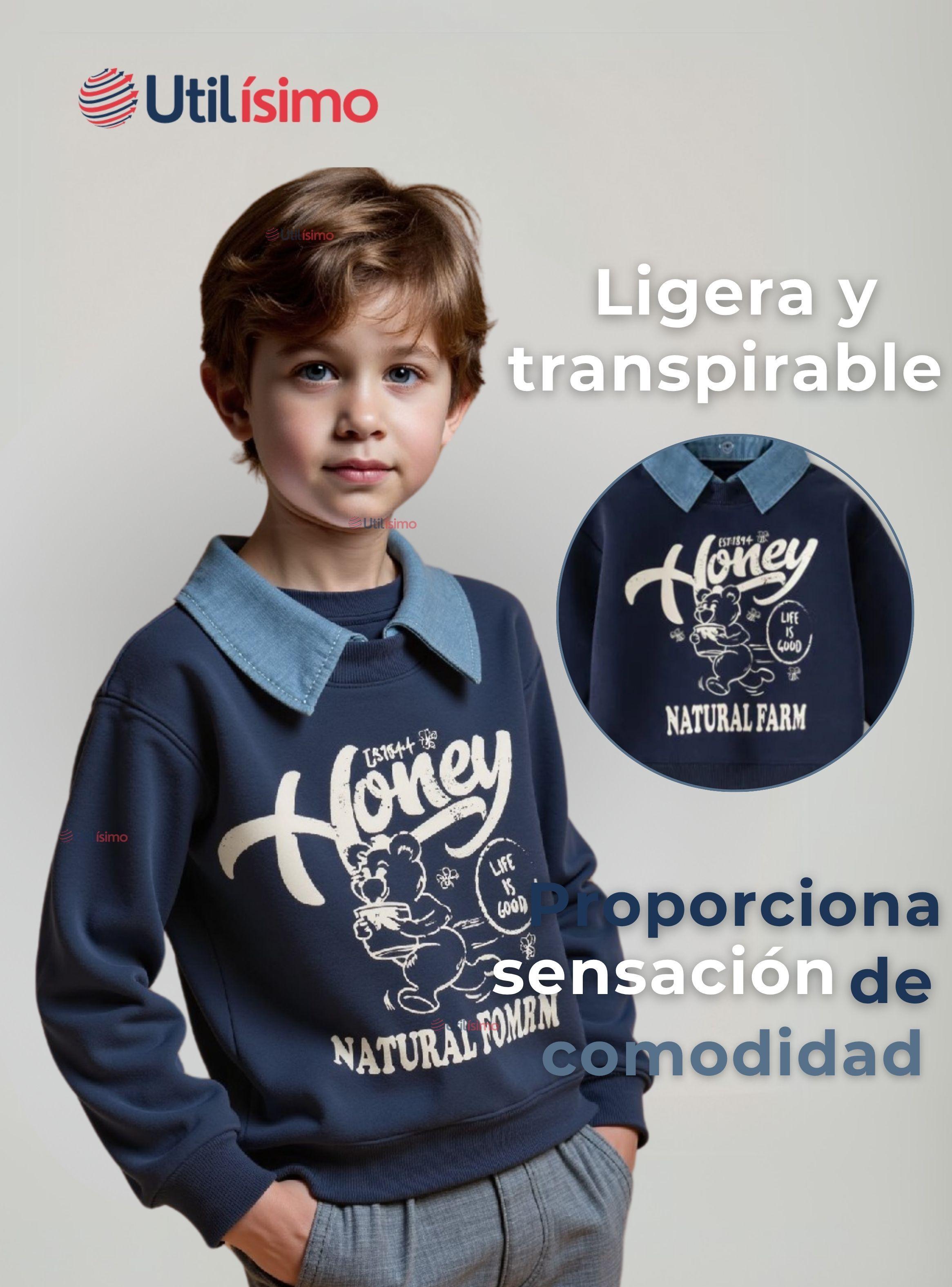 Polerón Algodón Estilo Pique Manga Larga Niños Azul-4
