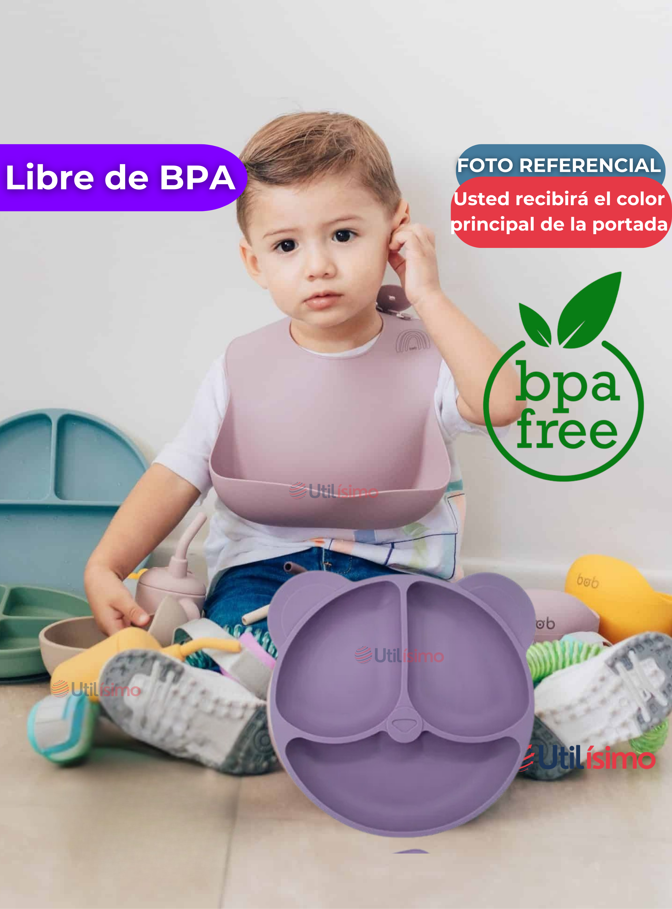 Set De Alimentación Bebé Silicona De Oso 6 Piezas Libre BPA Lila-2