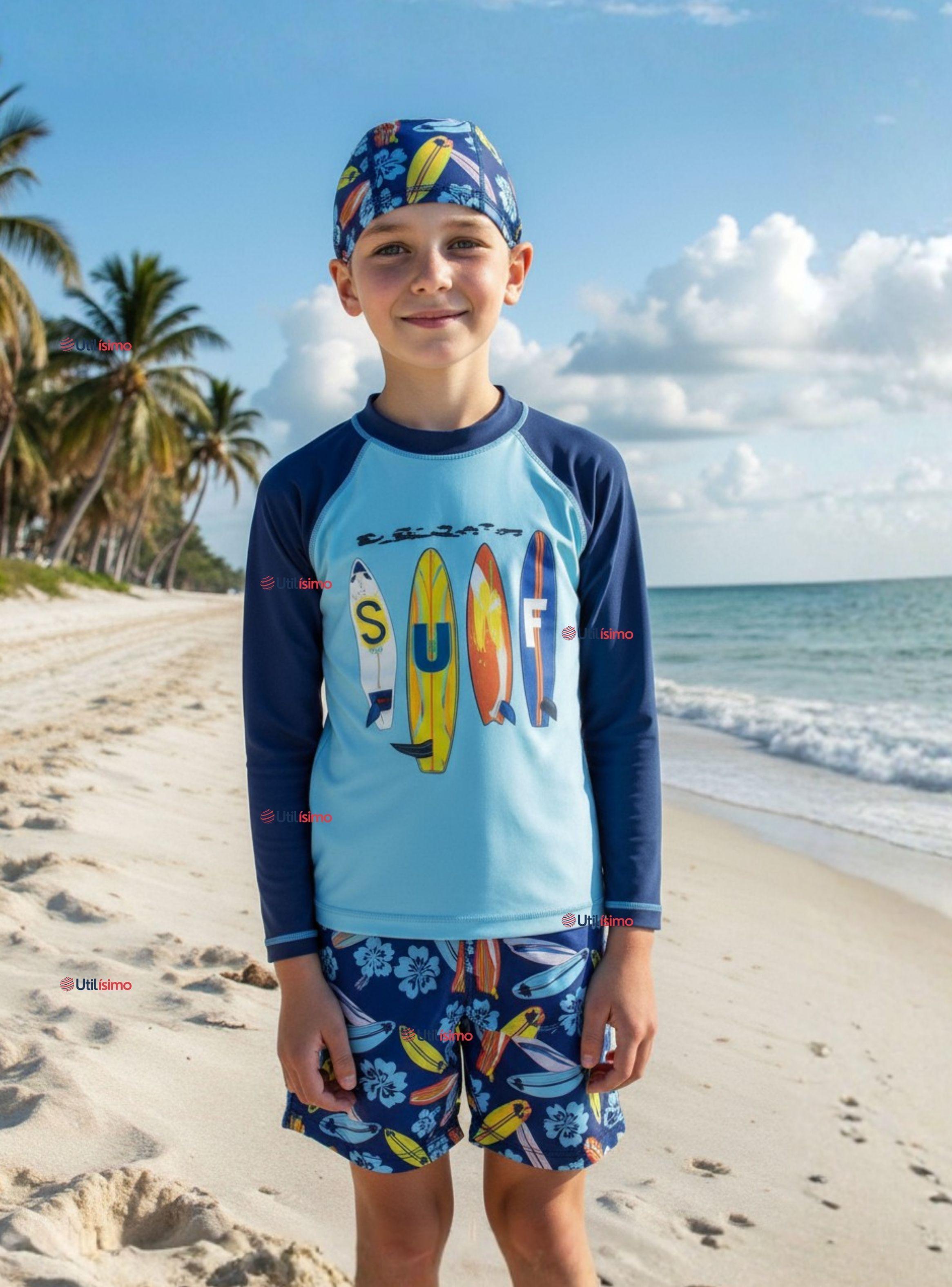 Traje De Baño Manga Larga, Pantalón Corto y Gorro De Baño para Niño de 3 a 11 años Surfboard-0