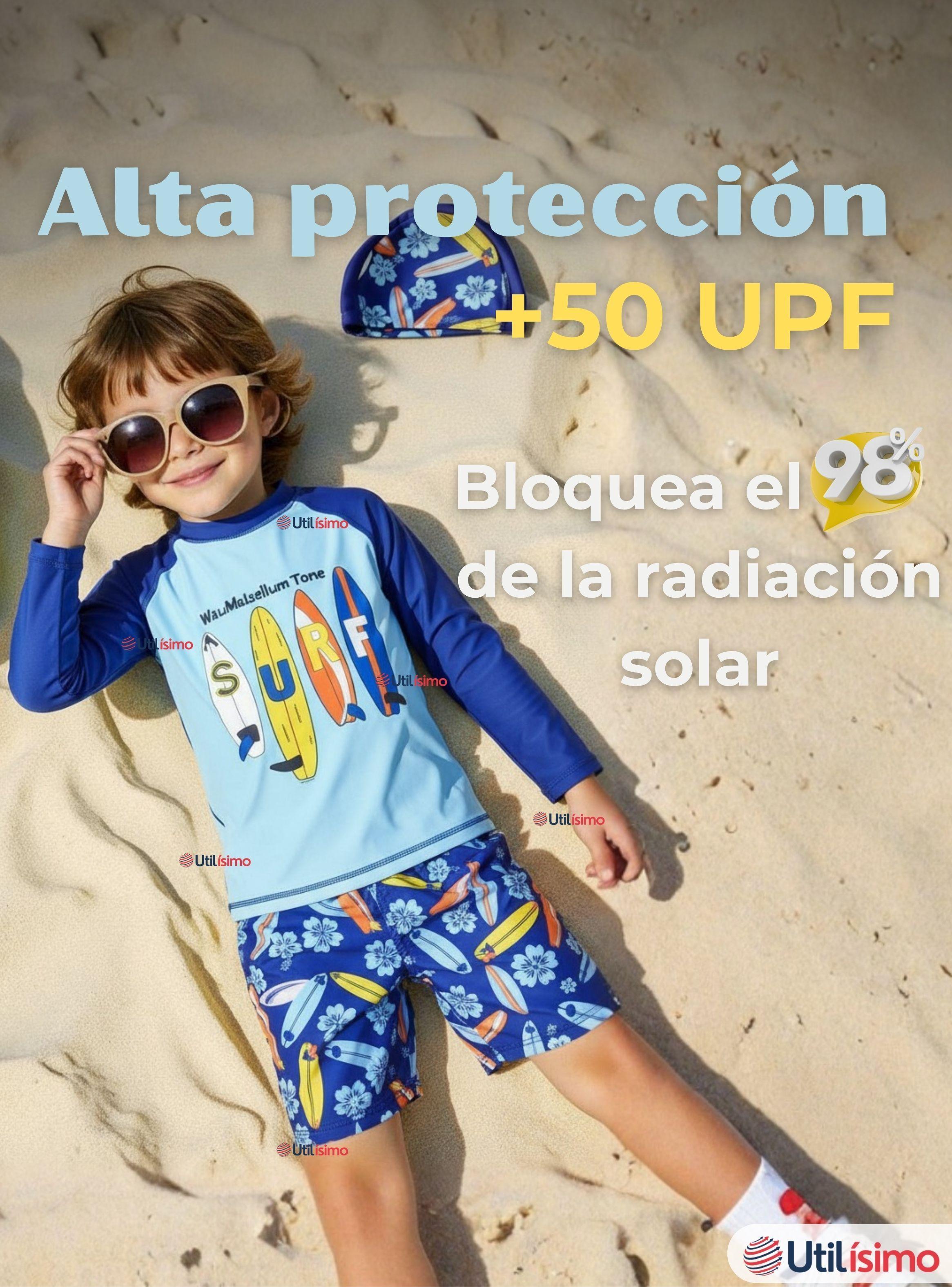 Traje De Baño Manga Larga, Pantalón Corto y Gorro De Baño para Niño de 3 a 11 años Surfboard-4