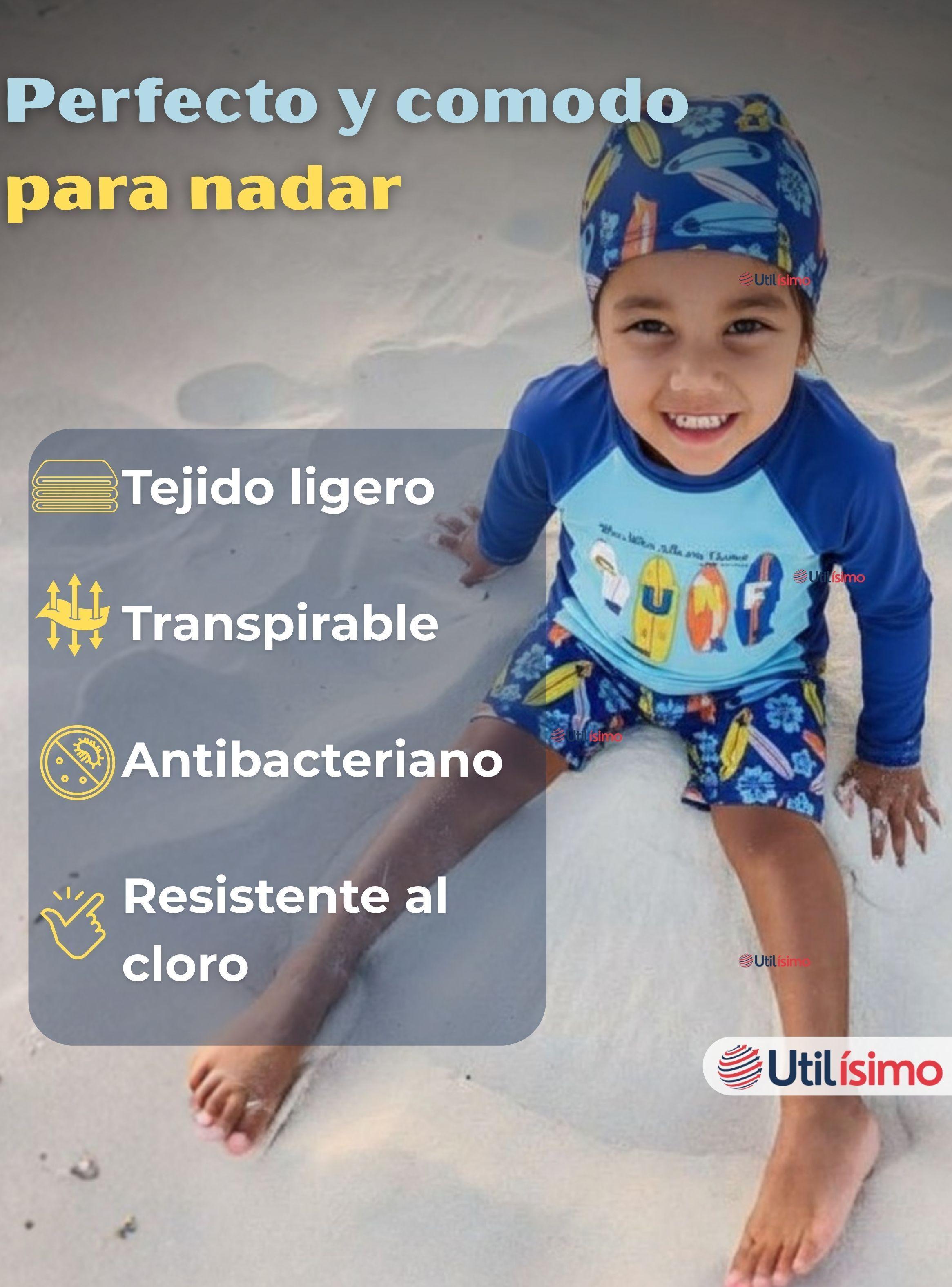 Traje De Baño Manga Larga, Pantalón Corto y Gorro De Baño para Niño de 3 a 11 años Surfboard-5
