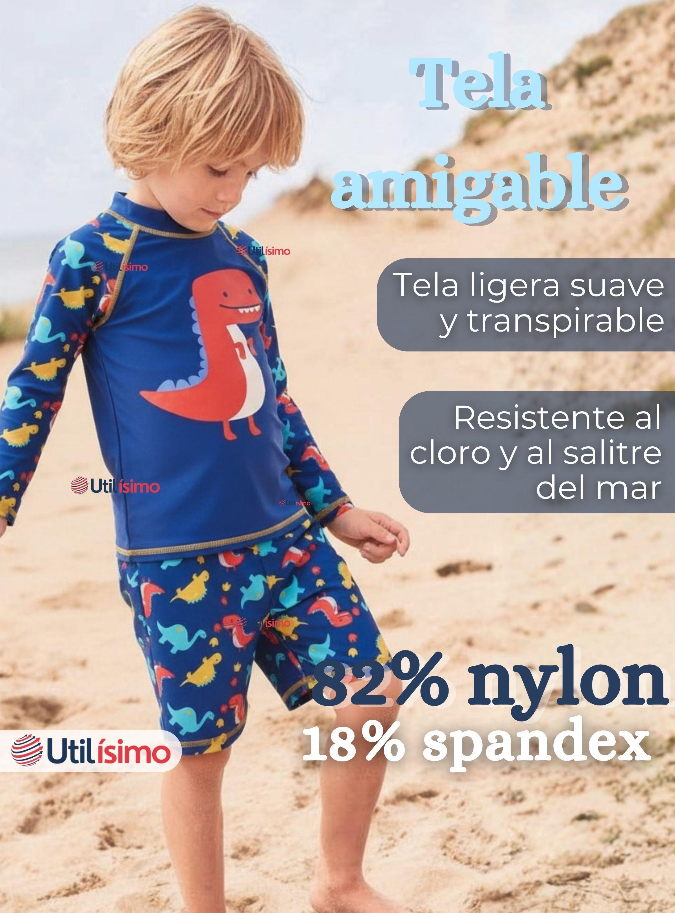 Traje de Baño Manga Larga Pantalón Corto 2 Piezas Corte Split para Niños 3 a 9 años Blue Dinosaur-2