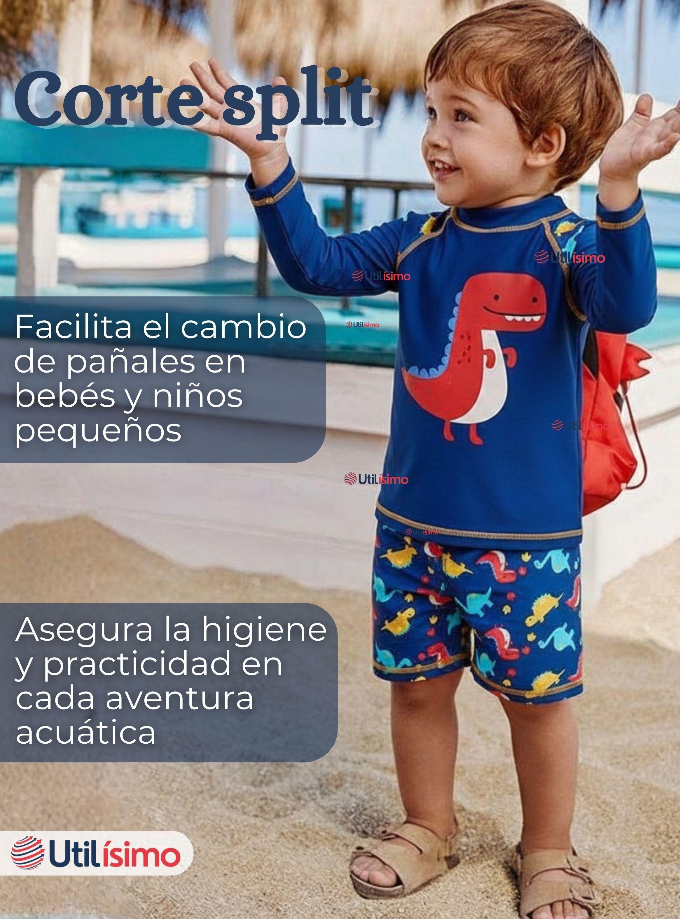 Traje de Baño Manga Larga Pantalón Corto 2 Piezas Corte Split para Niños 3 a 9 años Blue Dinosaur-7