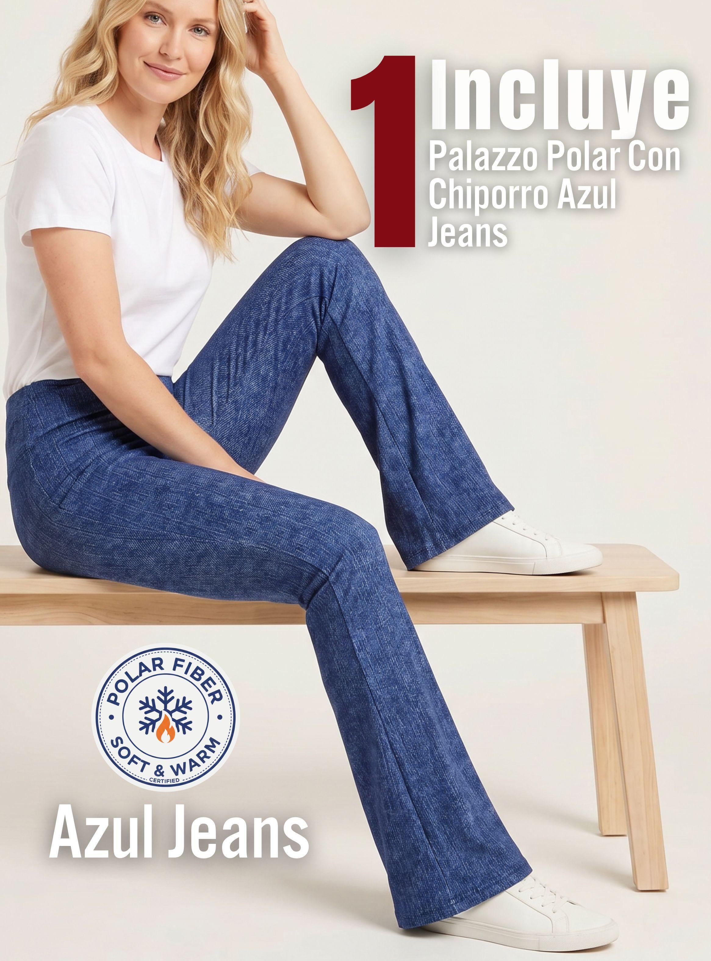 Pantal Polar Con Chiporro Palazzo Elasticada Calza Térmica Azul Jeans Mujer-2
