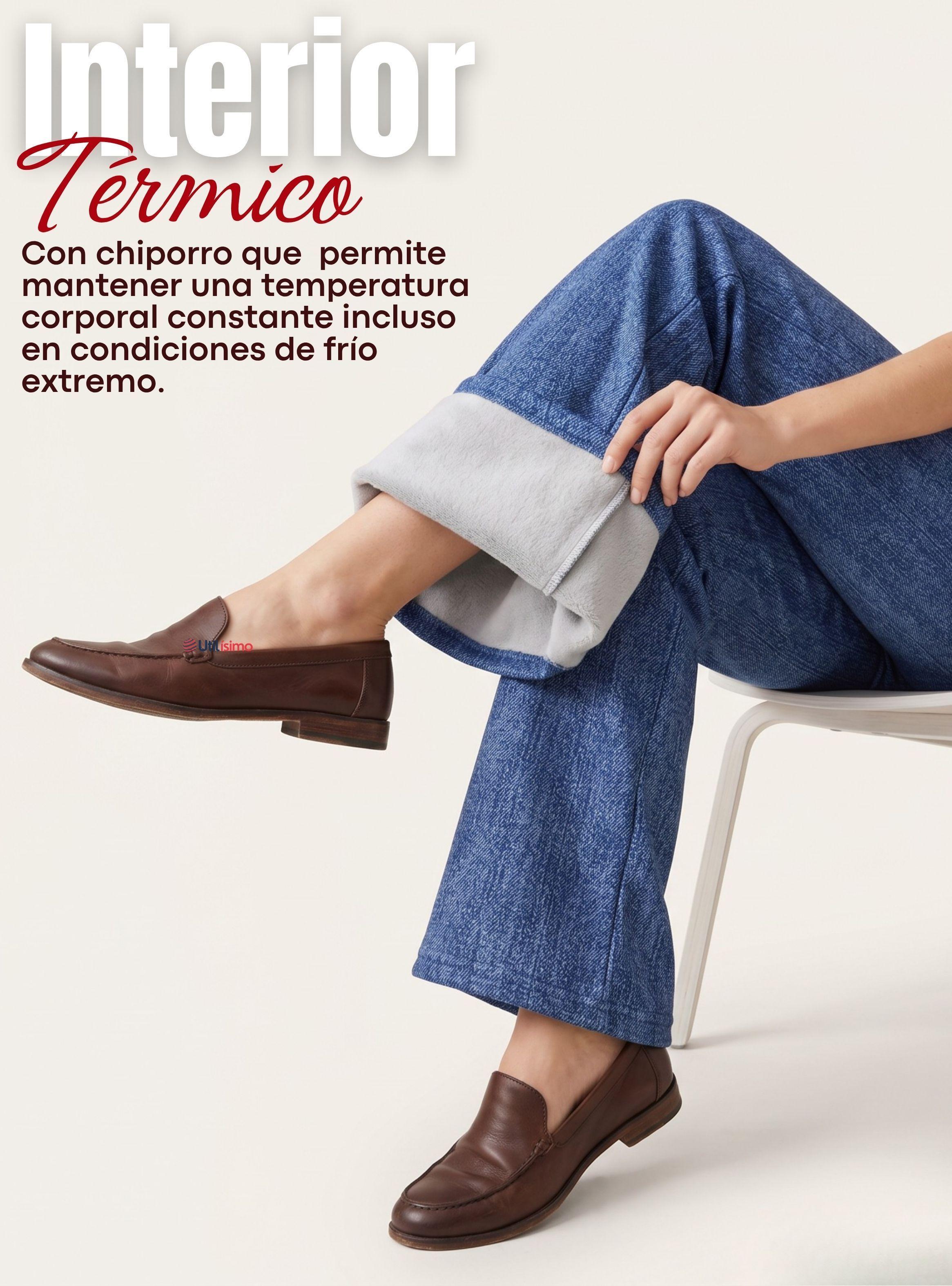 Pantal Polar Con Chiporro Palazzo Elasticada Calza Térmica Azul Jeans Mujer-5