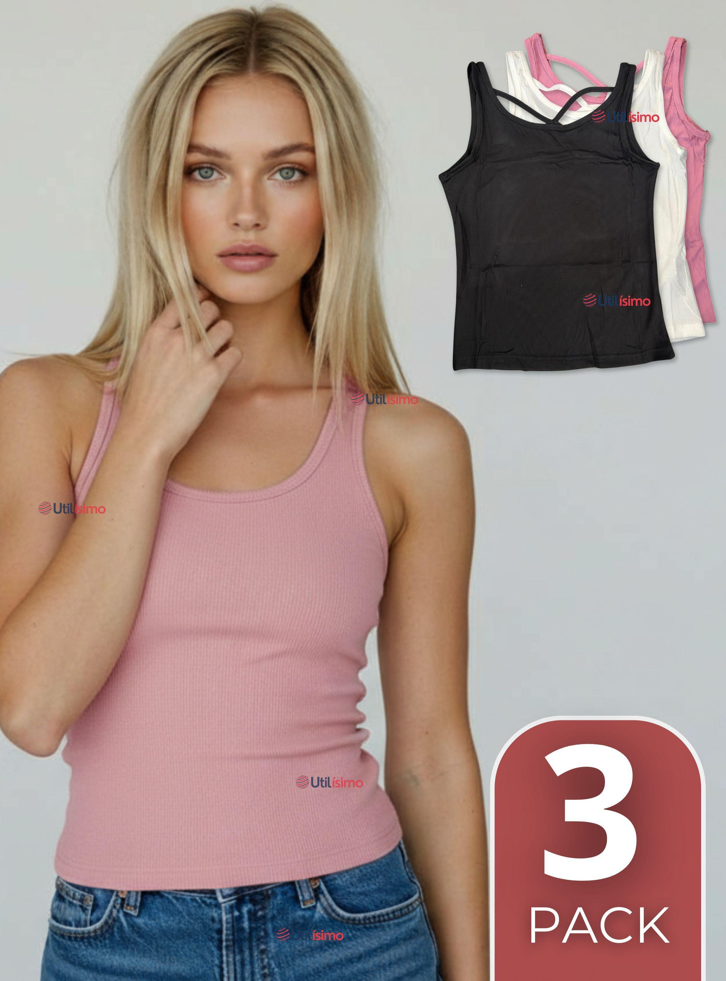 Pack 3 Camisetas Poleras 100% Algodón Básicas Lisa  Espalda Cruzada Mujer Colores Surtidos-0