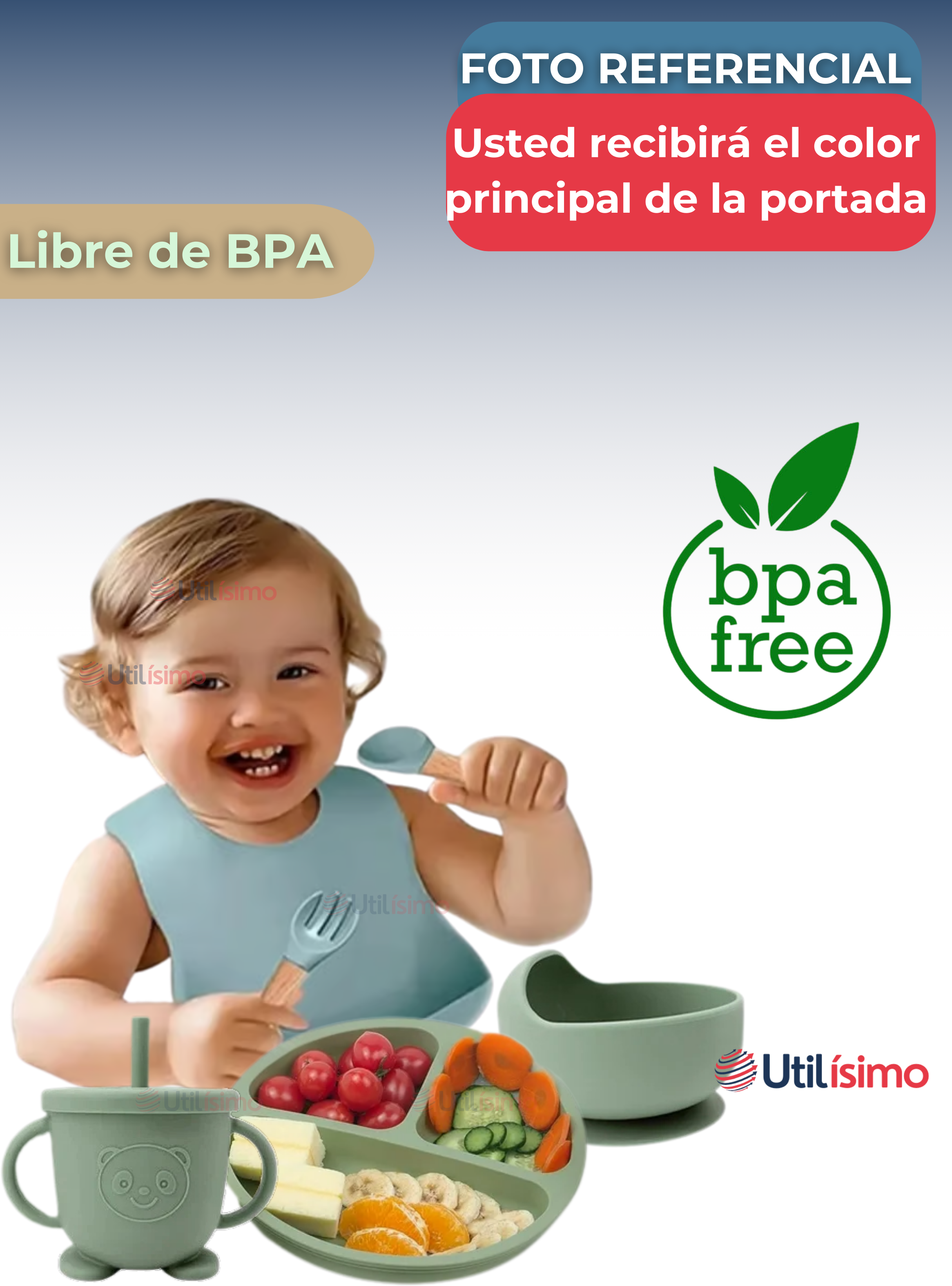 Set De Alimentación Bebé Silicona 6 Piezas Libre BPA Azul-2