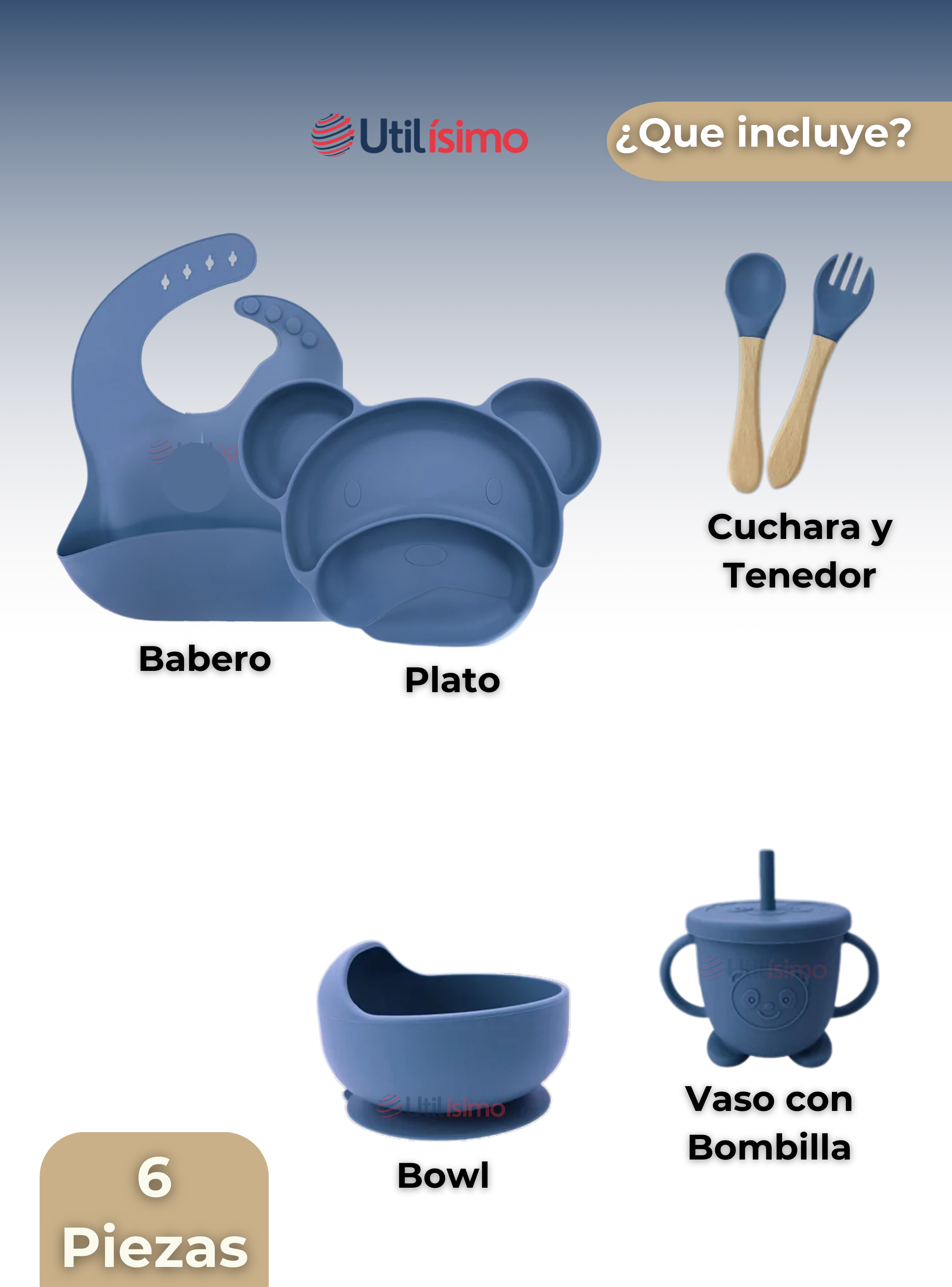 Set De Alimentación Bebé Silicona 6 Piezas Libre BPA Azul-5