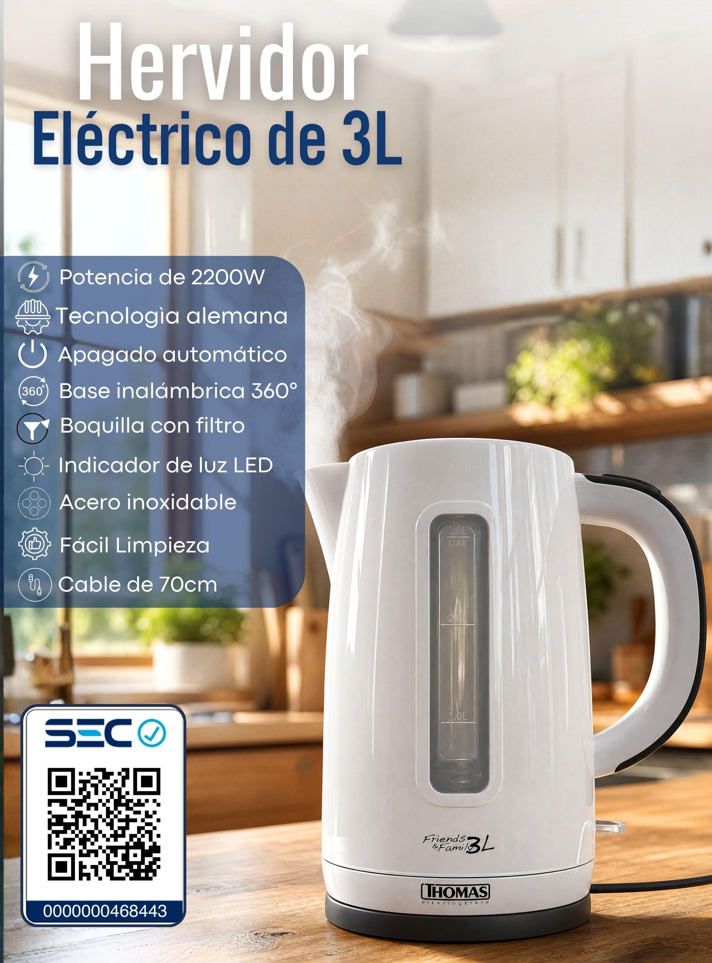 Hervidor Eléctrico Thomas 3lt Alta Potencia Tecnologia Alemana Color Blanco-3