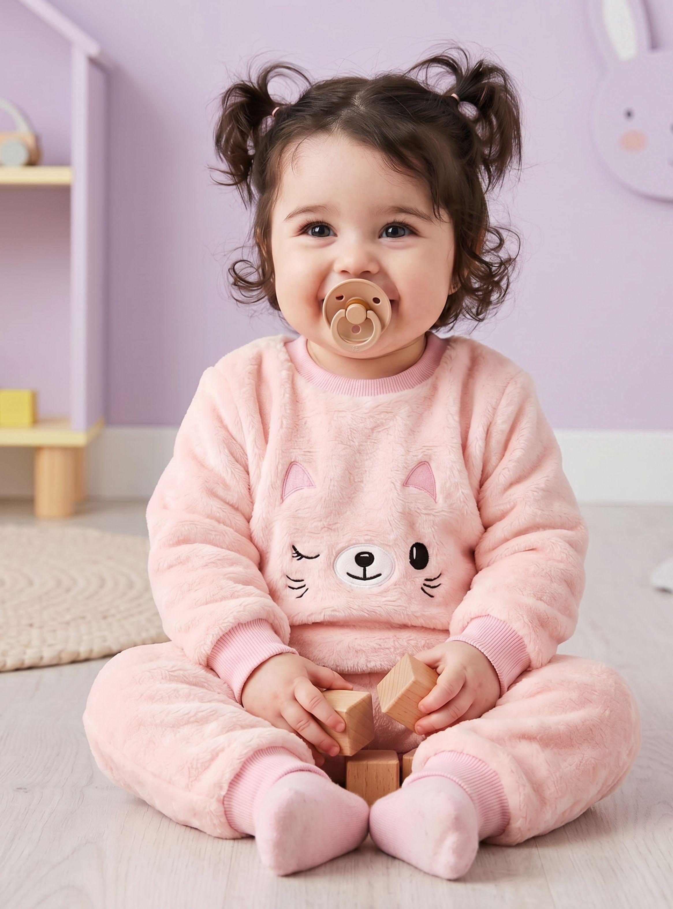 Conjunto Buzo Polerón Frizado 2 Piezas Bebe Niña Corderito Liso Pink Cat-0