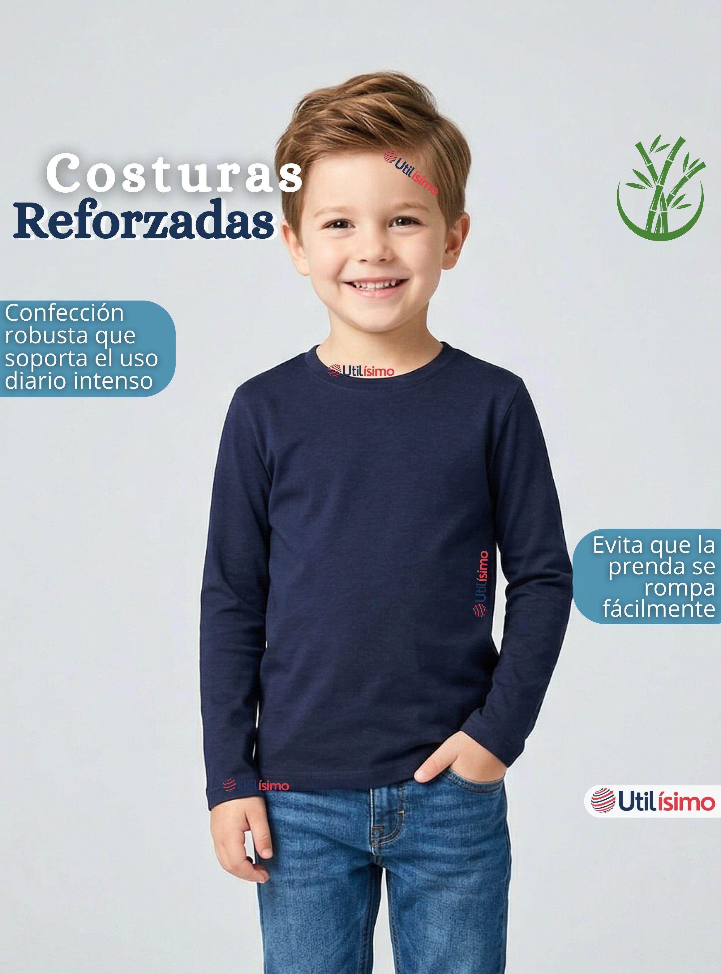 Pack 3 Poleras Camisetas Bambú Azul Oscuro Cuello Redondo Primera Capa Manga Larga Niños-5