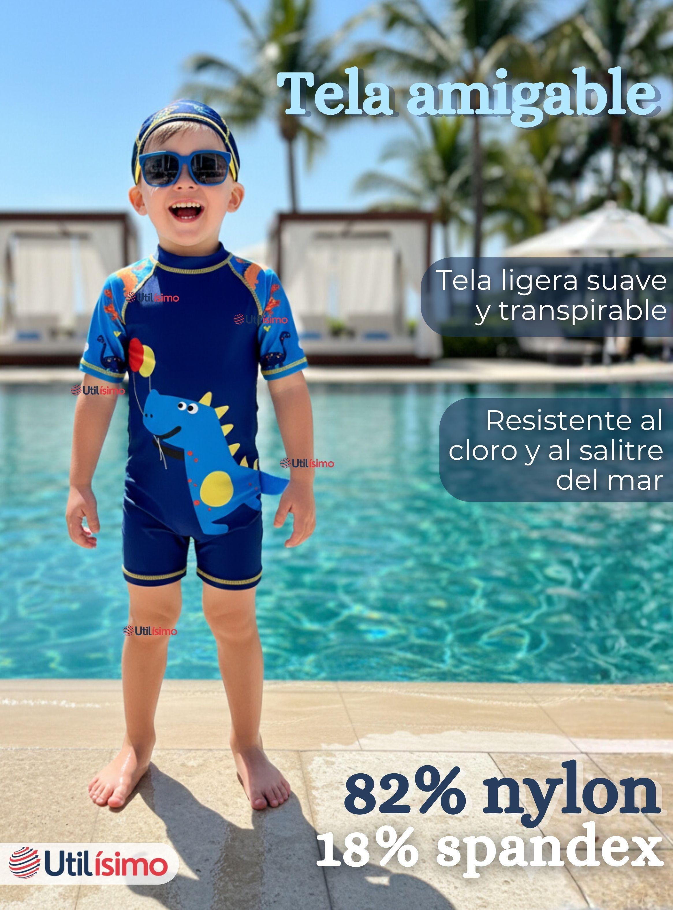 Traje de Baño Enterito Cremallera Manga Corta Con Gorro para Niños de 2 a 4 años Blue Dinosaurio-2