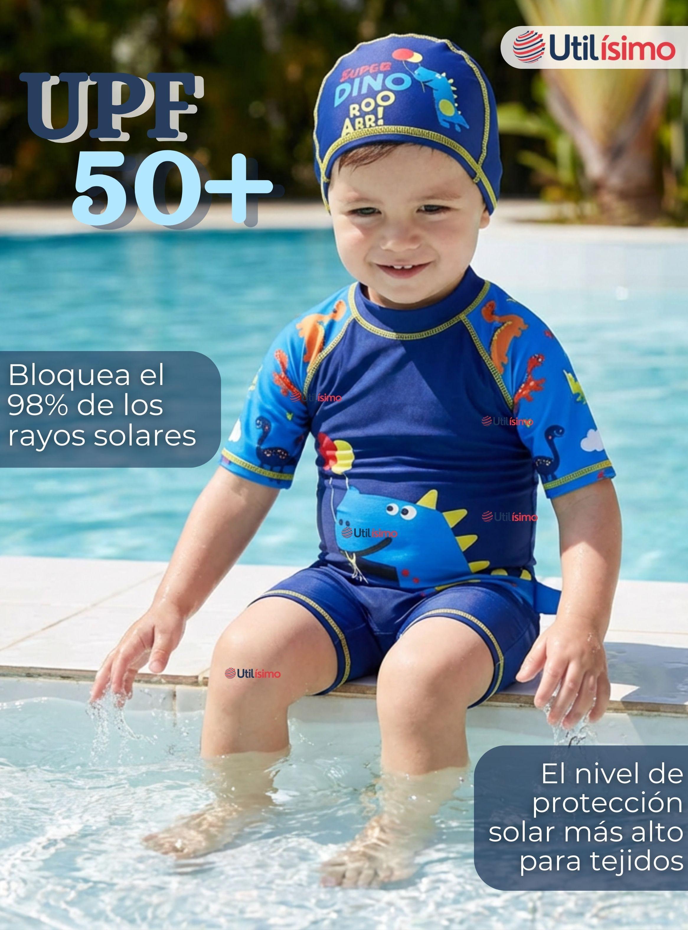 Traje de Baño Enterito Cremallera Manga Corta Con Gorro para Niños de 2 a 4 años Blue Dinosaurio-4