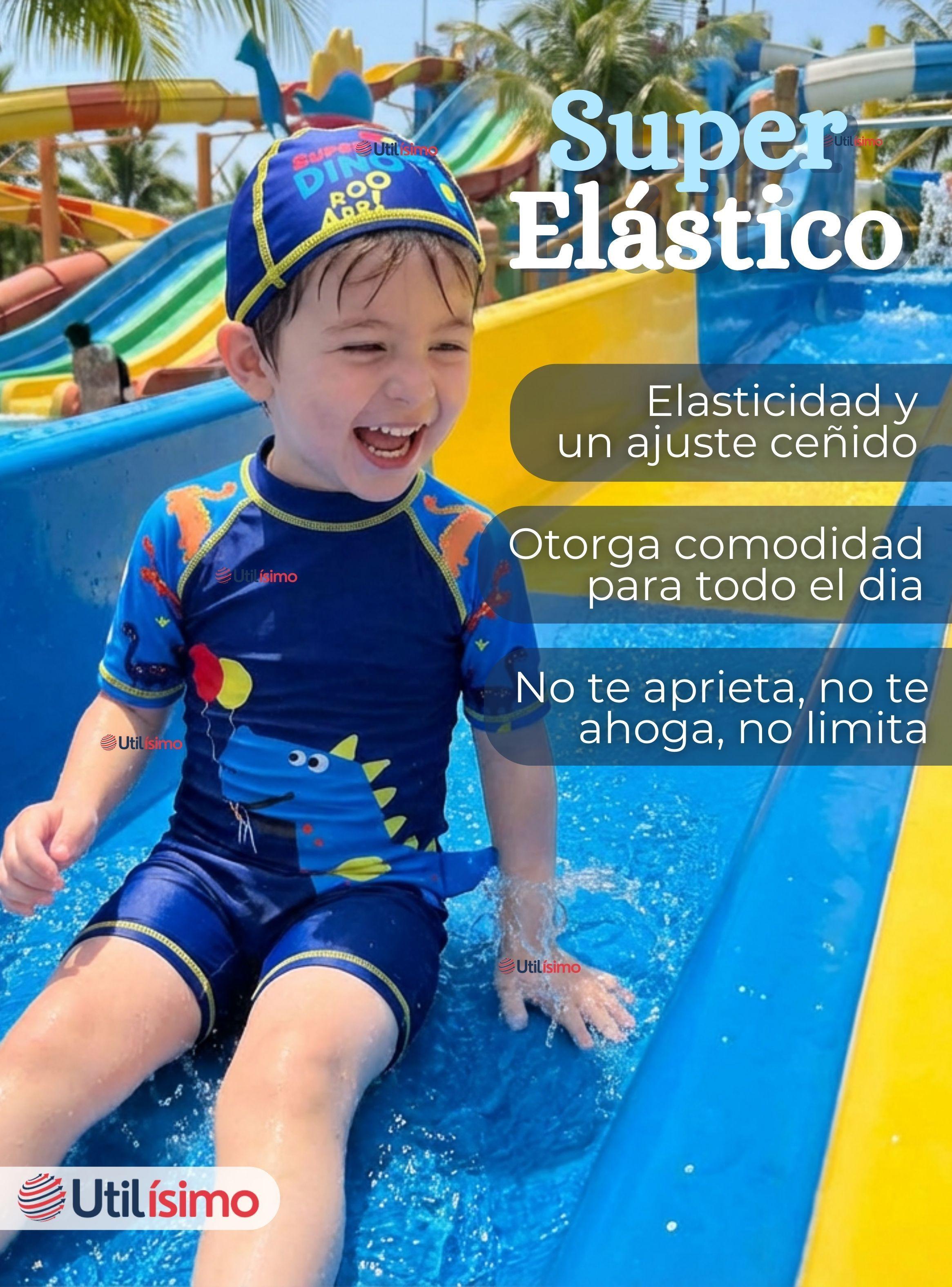 Traje de Baño Enterito Cremallera Manga Corta Con Gorro para Niños de 2 a 4 años Blue Dinosaurio-5