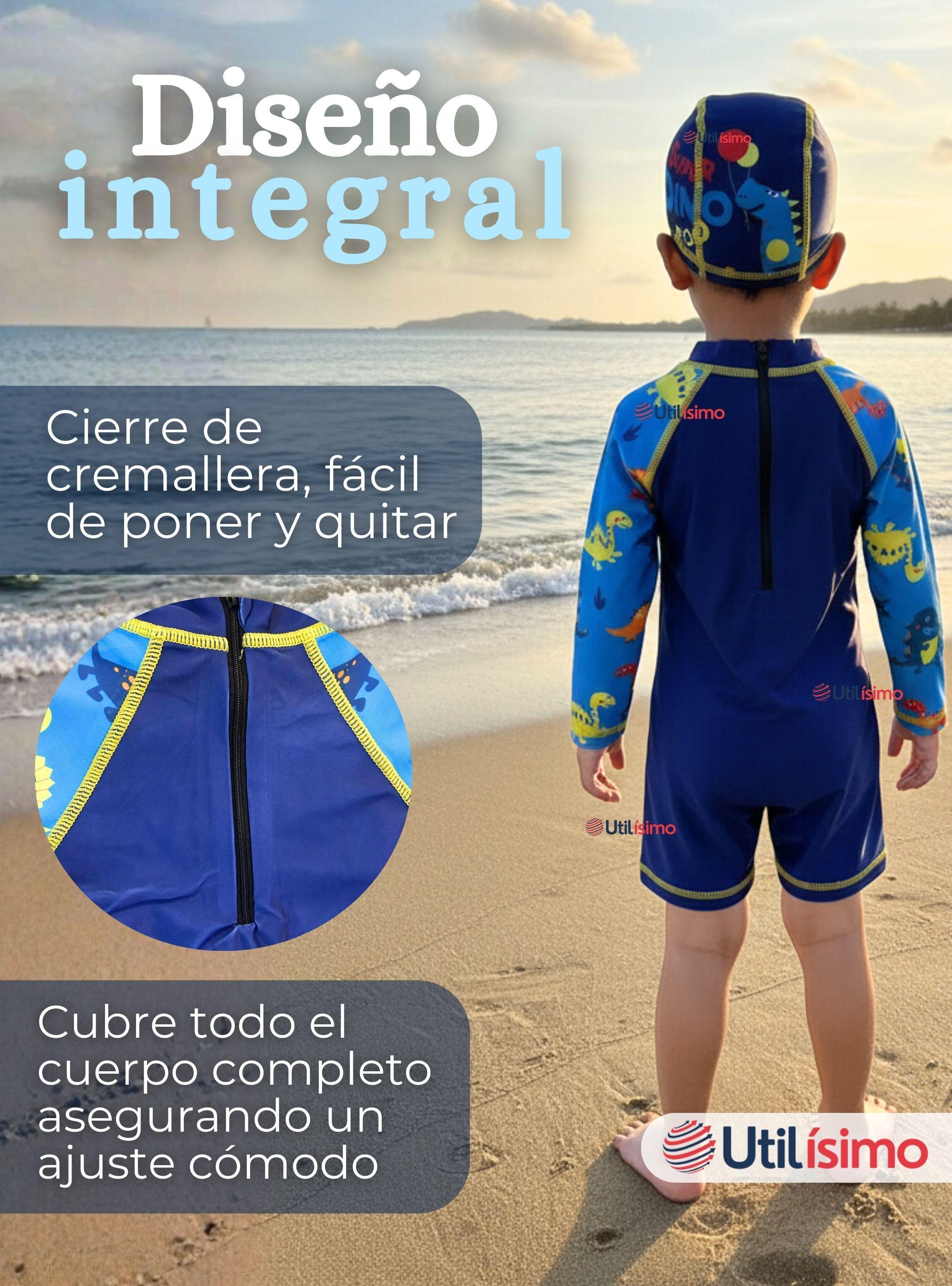 Traje de Baño Enterito Cremallera Manga Corta Con Gorro para Niños de 2 a 4 años Blue Dinosaurio-7