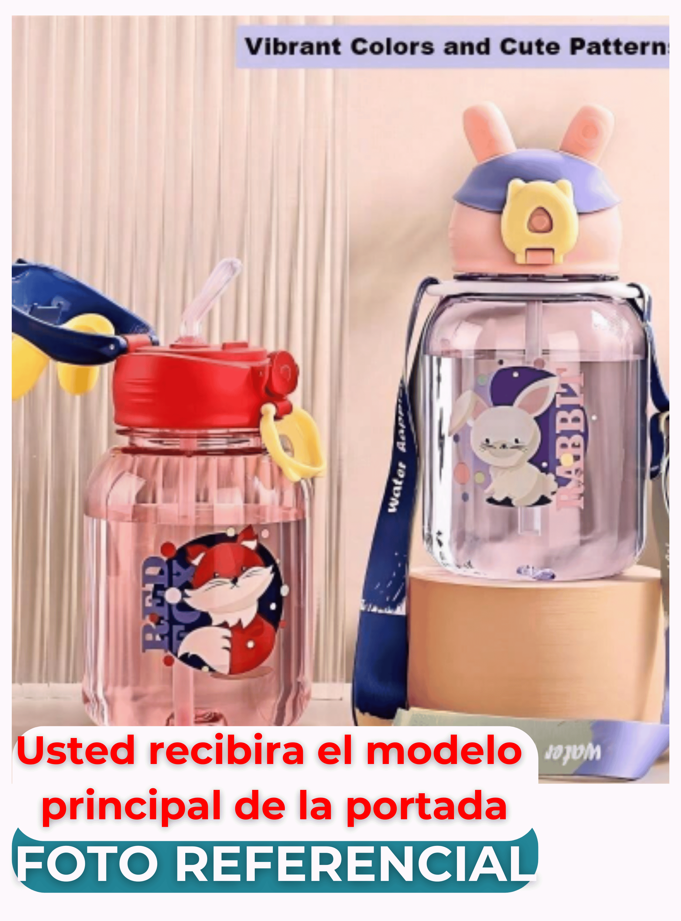 Botella Plástica 600ML Con Bombilla y Correa Kawai Sin BPA Niños Red Fox-2