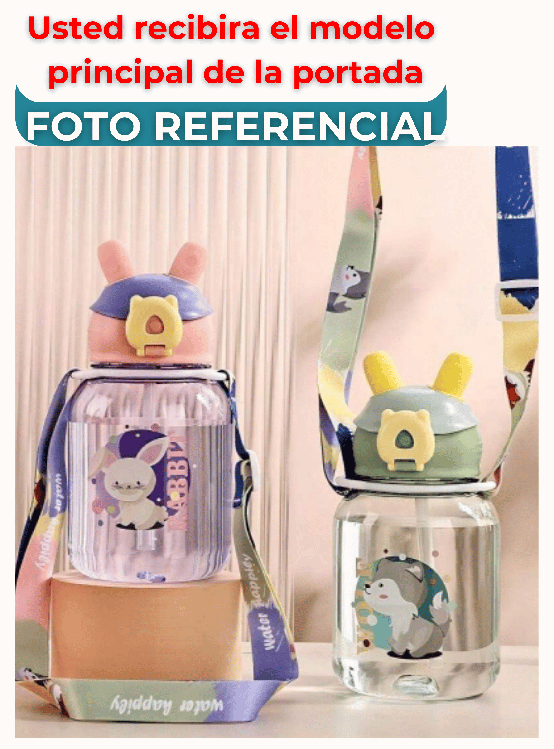 Botella Plástica 600ML Con Bombilla y Correa Kawai Sin BPA Niños Red Fox-3