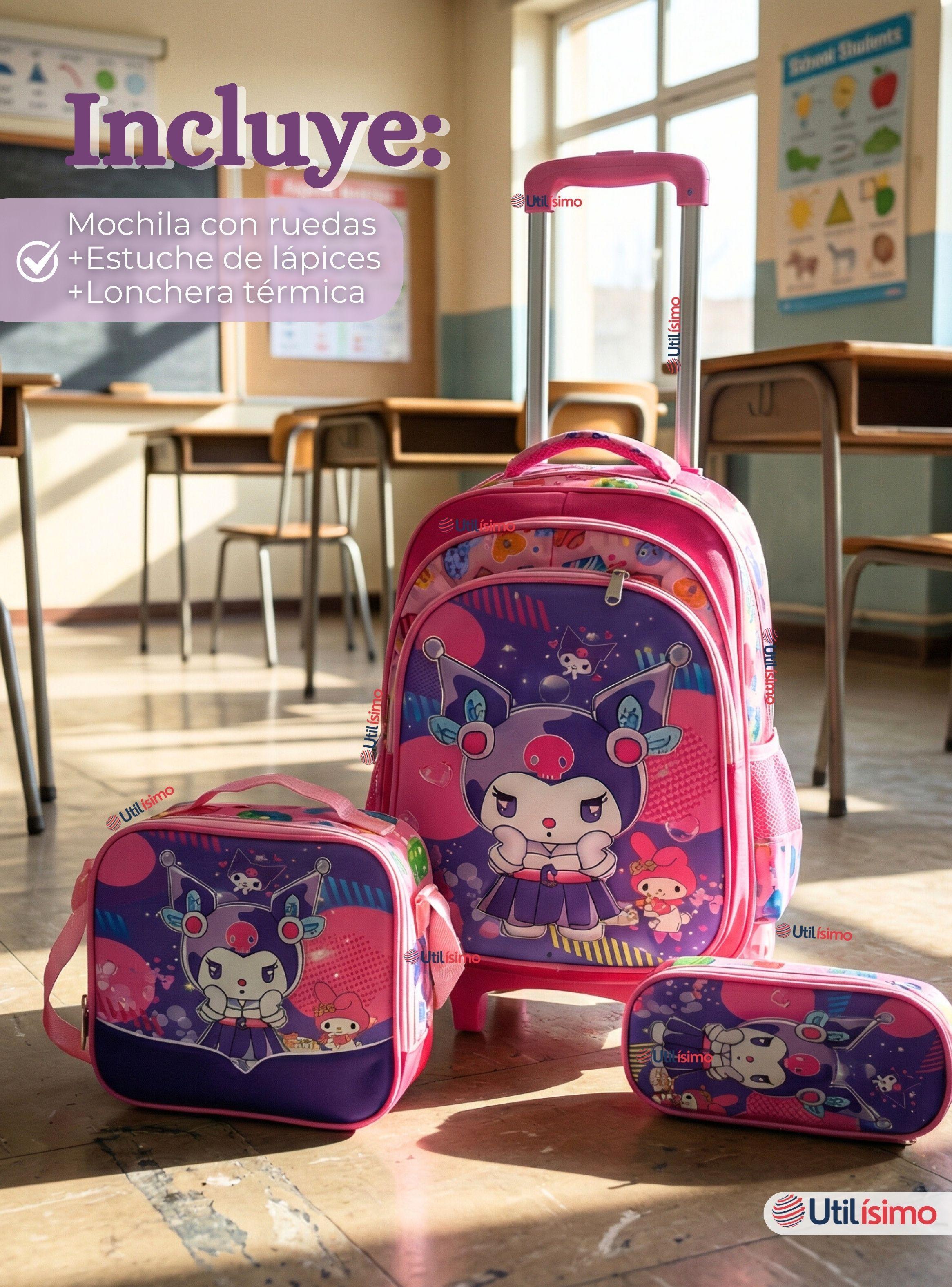 Mochila Escolar Kuromi 3D Con Ruedas Desmontable + Estuche + Lonchera Poliéster Dreams Rosa de Niña-1
