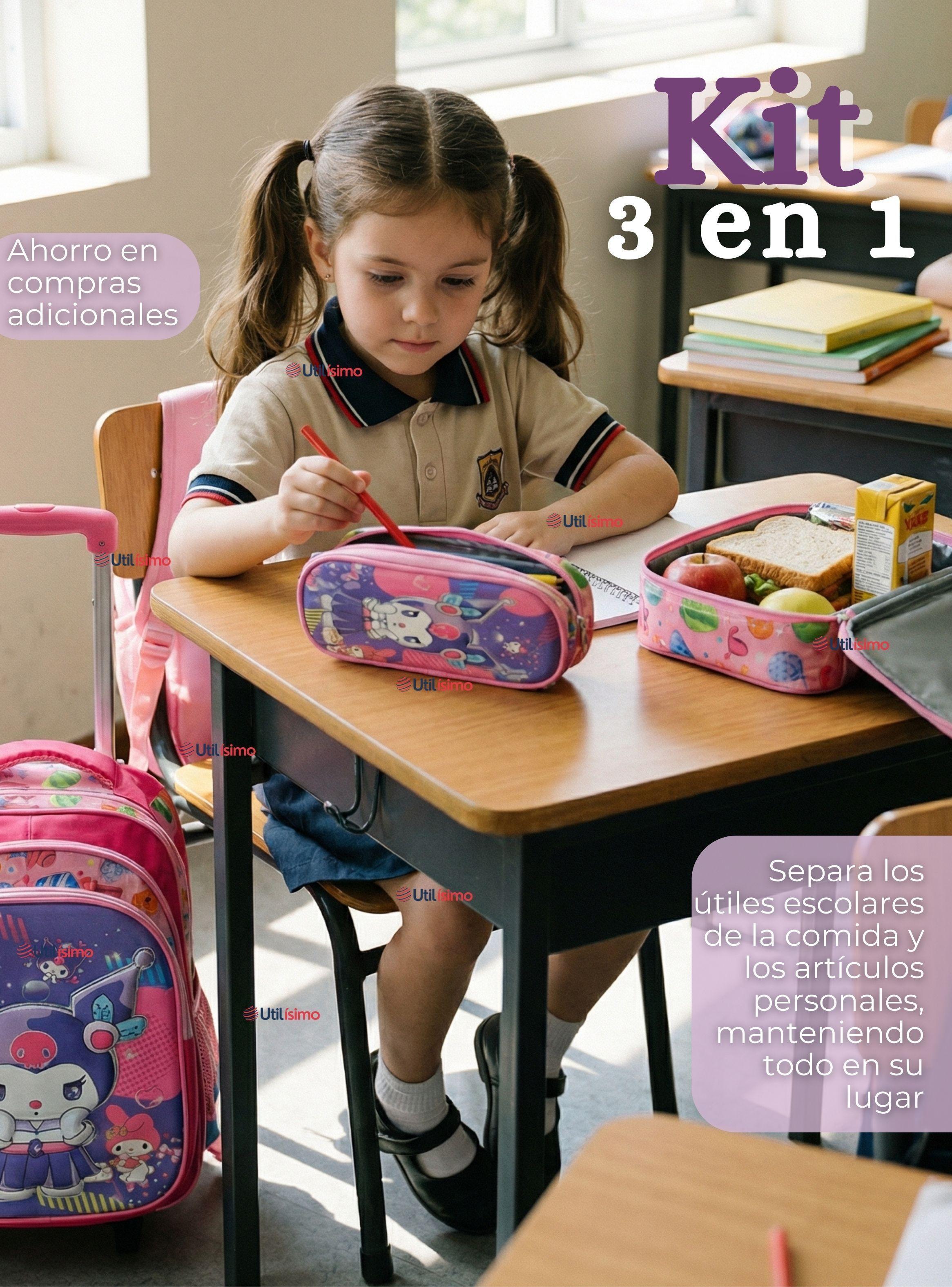 Mochila Escolar Kuromi 3D Con Ruedas Desmontable + Estuche + Lonchera Poliéster Dreams Rosa de Niña-2