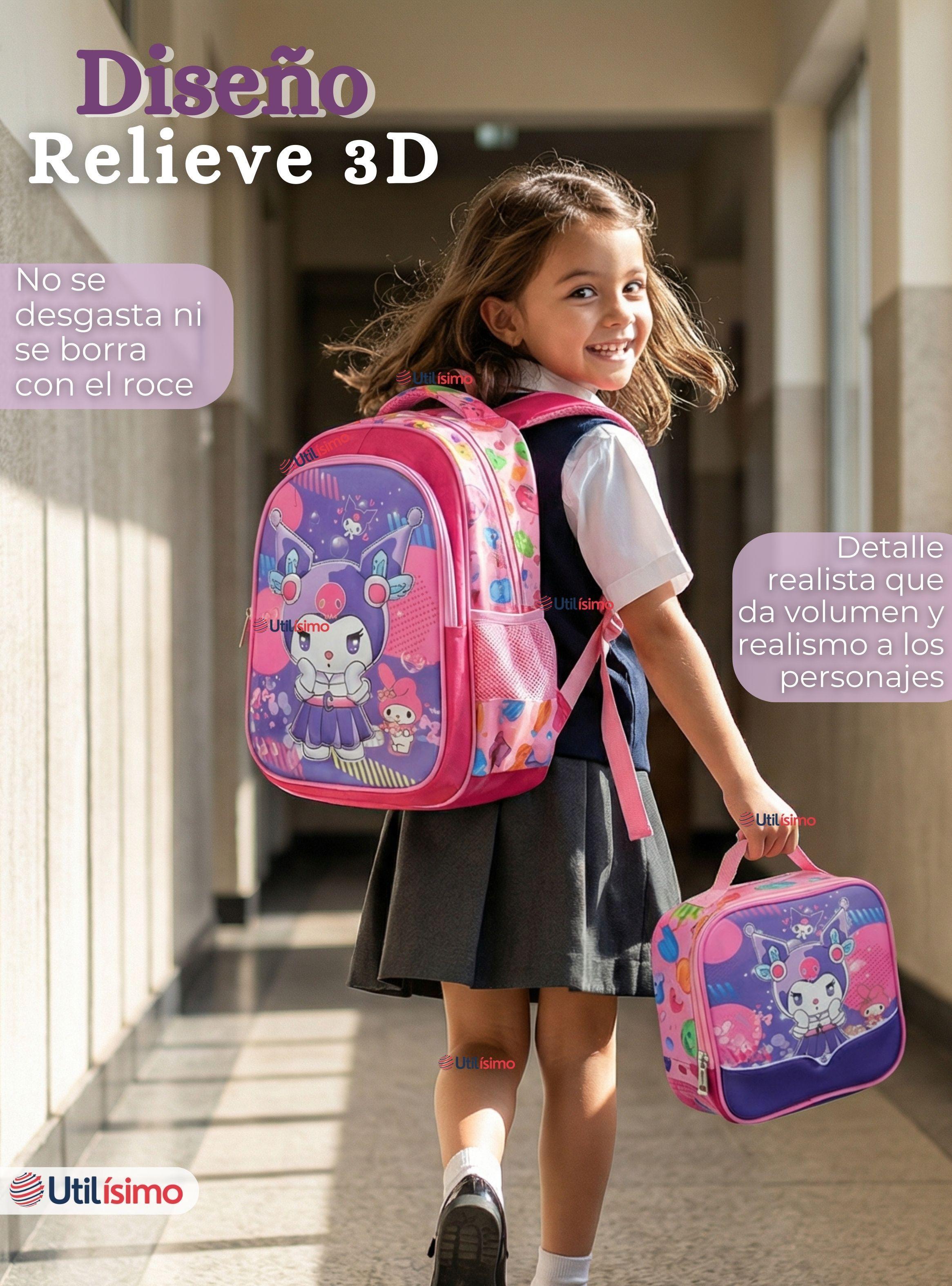 Mochila Escolar Kuromi 3D Con Ruedas Desmontable + Estuche + Lonchera Poliéster Dreams Rosa de Niña-5