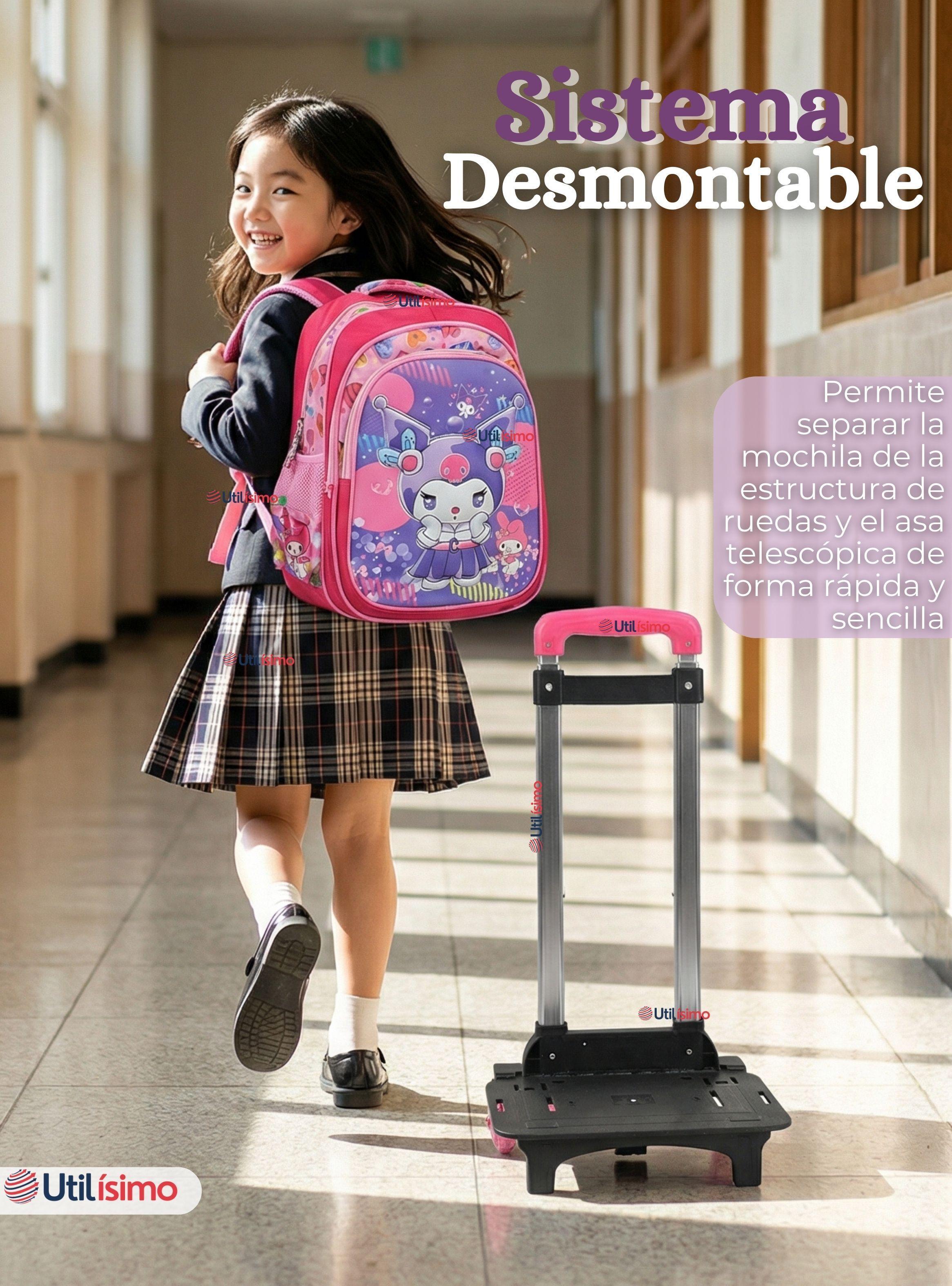 Mochila Escolar Kuromi 3D Con Ruedas Desmontable + Estuche + Lonchera Poliéster Dreams Rosa de Niña-7