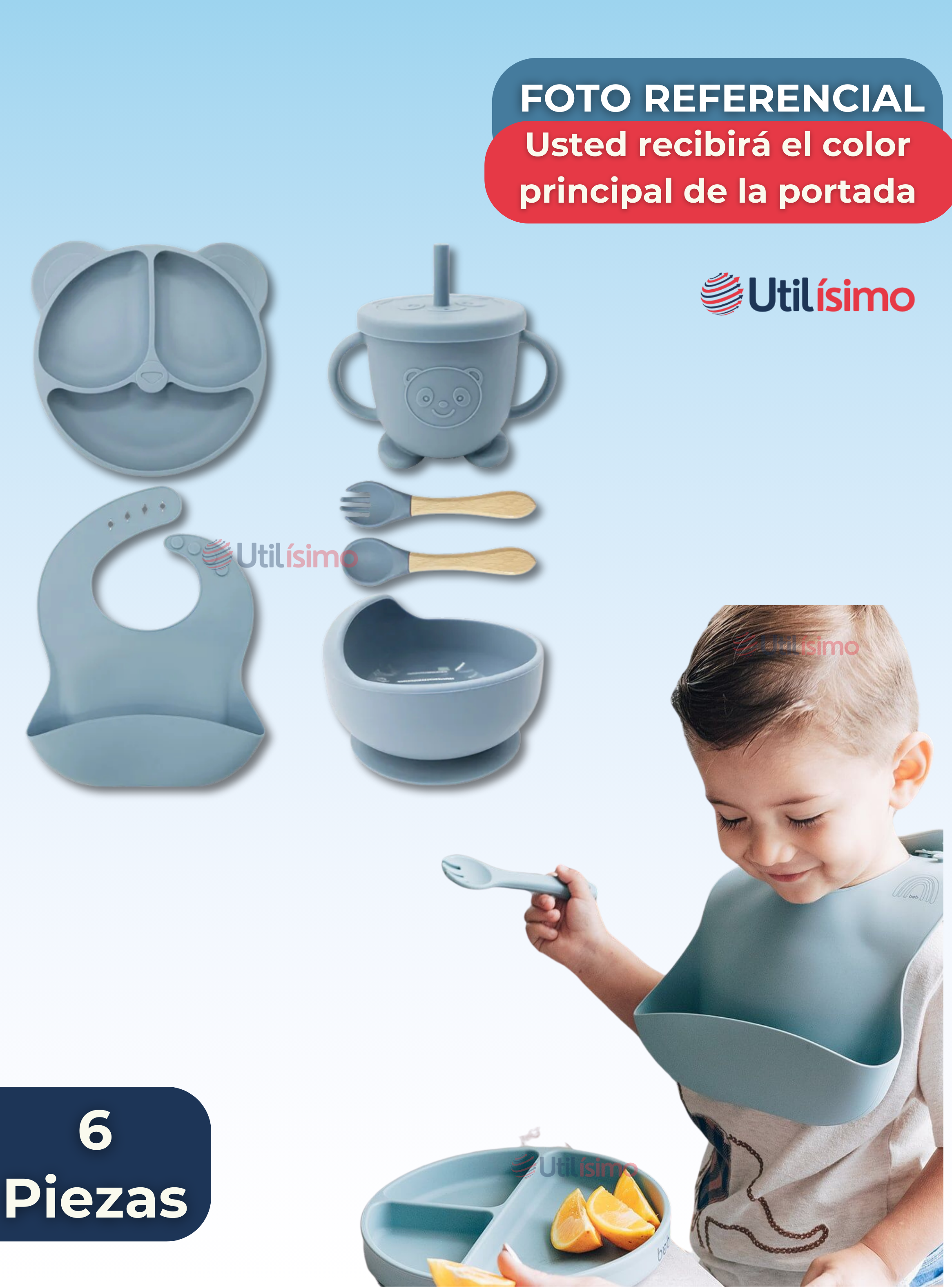 Set De Alimentación Bebé Silicona De Oso 6 Piezas Libre BPA Celeste-6