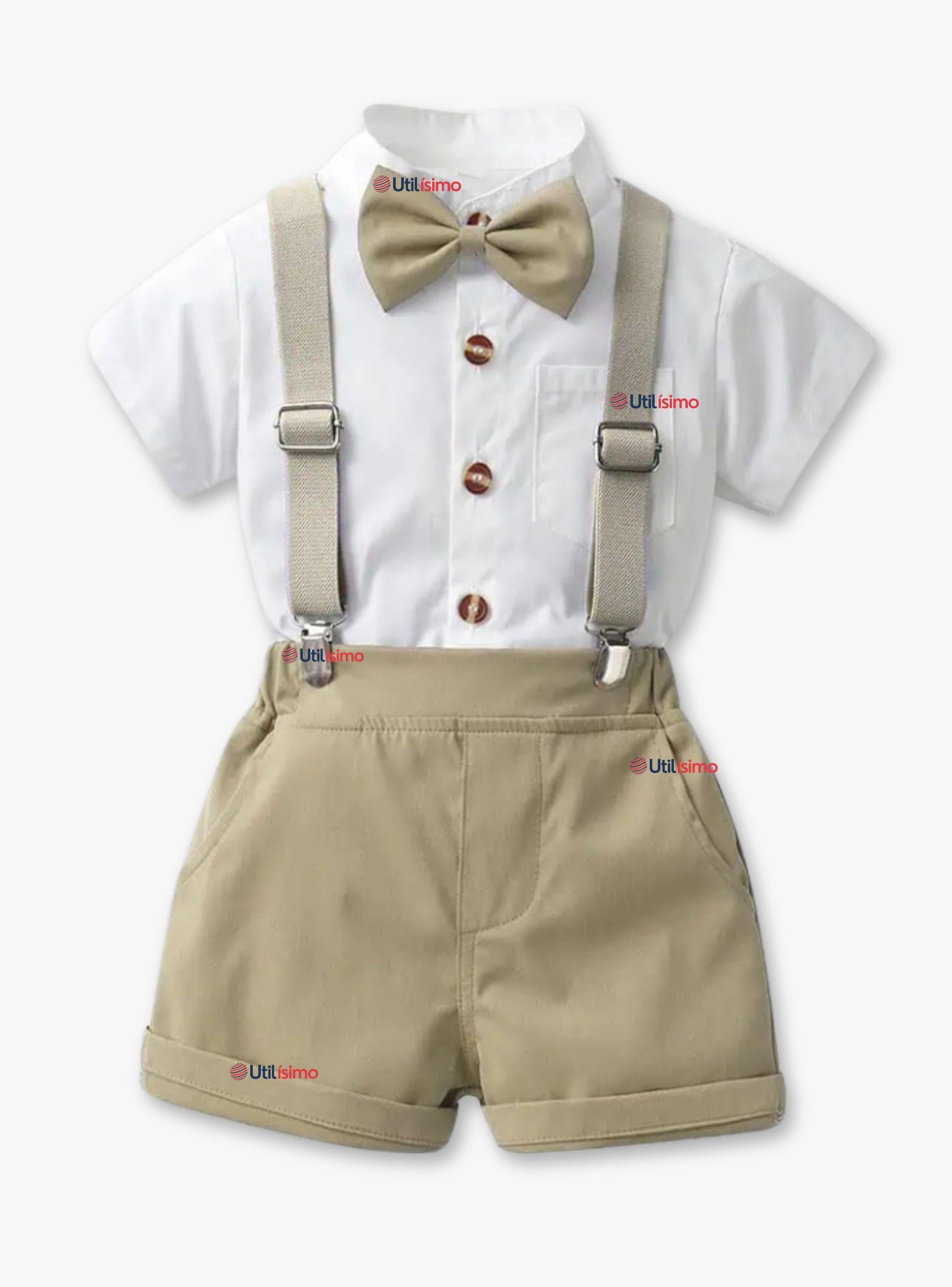 Conjunto De Vestir Con Tirantes Camisa y Short Algodón Bebes Color Beige-0