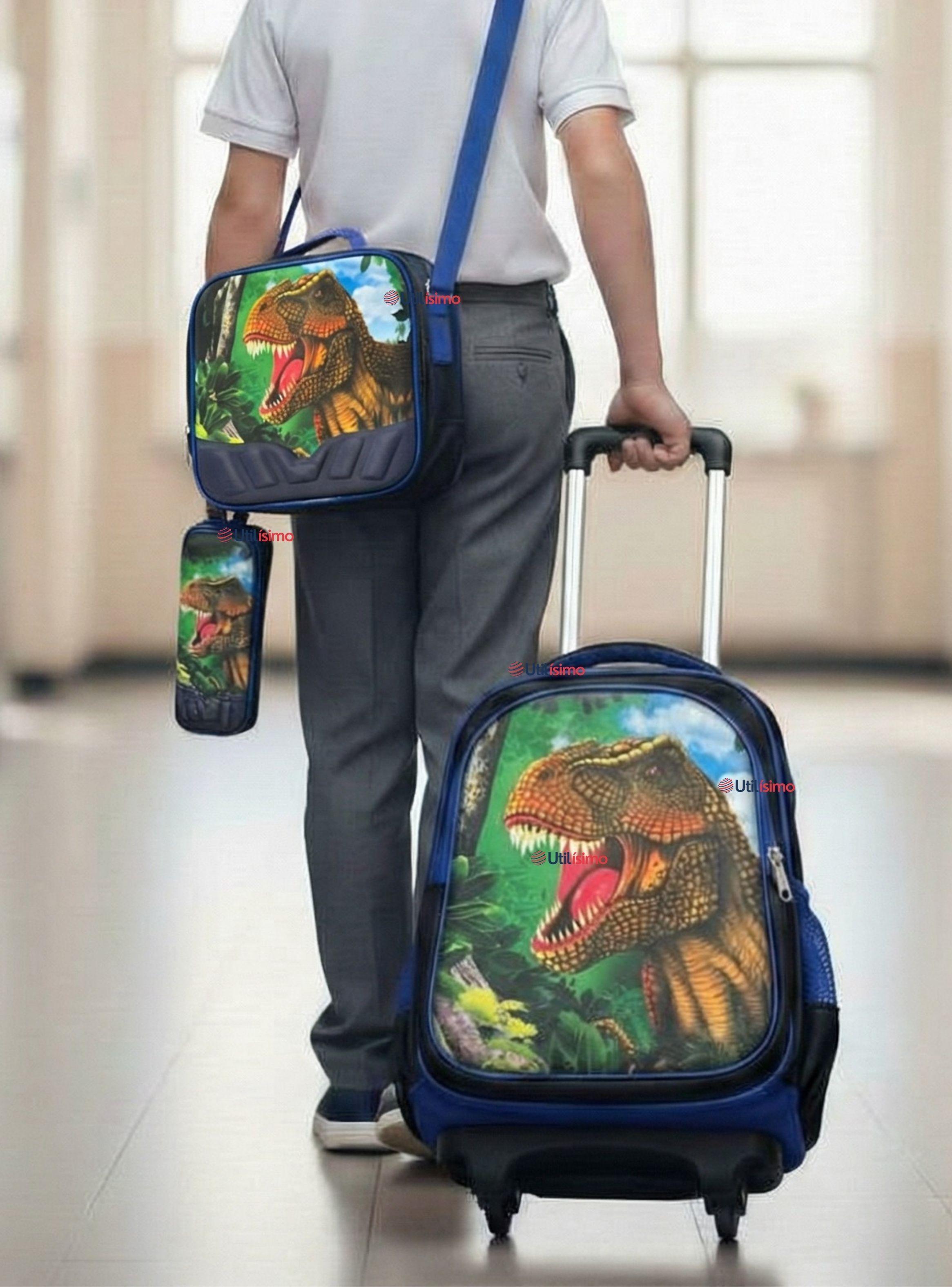 Mochila Escolar Con Ruedas + Estuche y Lonchera Poliéster Dinosaurio Niño-0
