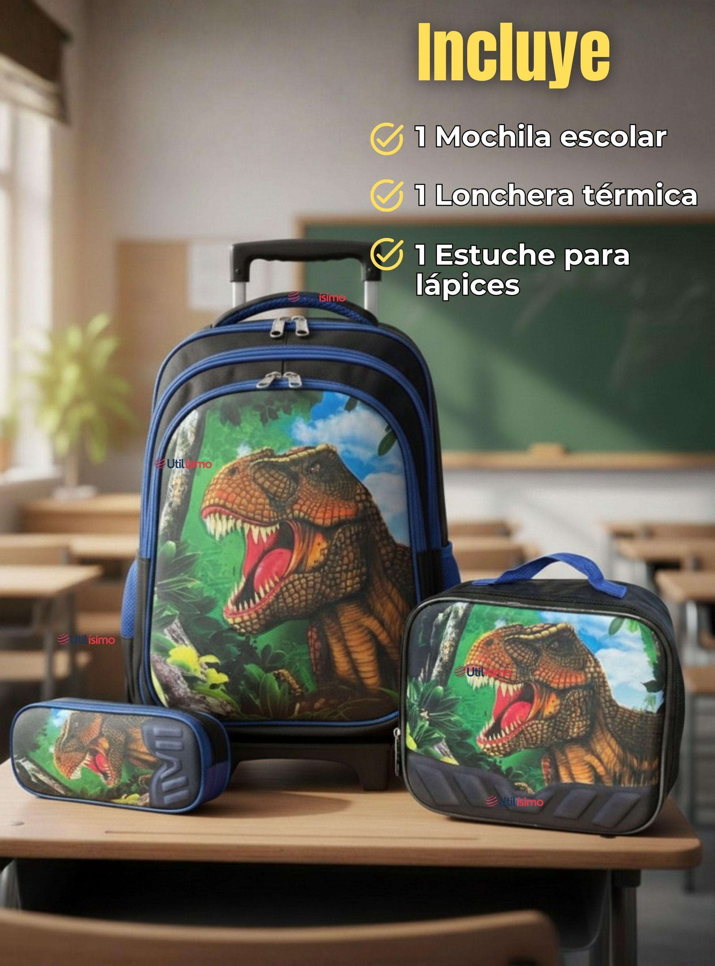 Mochila Escolar Con Ruedas + Estuche y Lonchera Poliéster Dinosaurio Niño-1