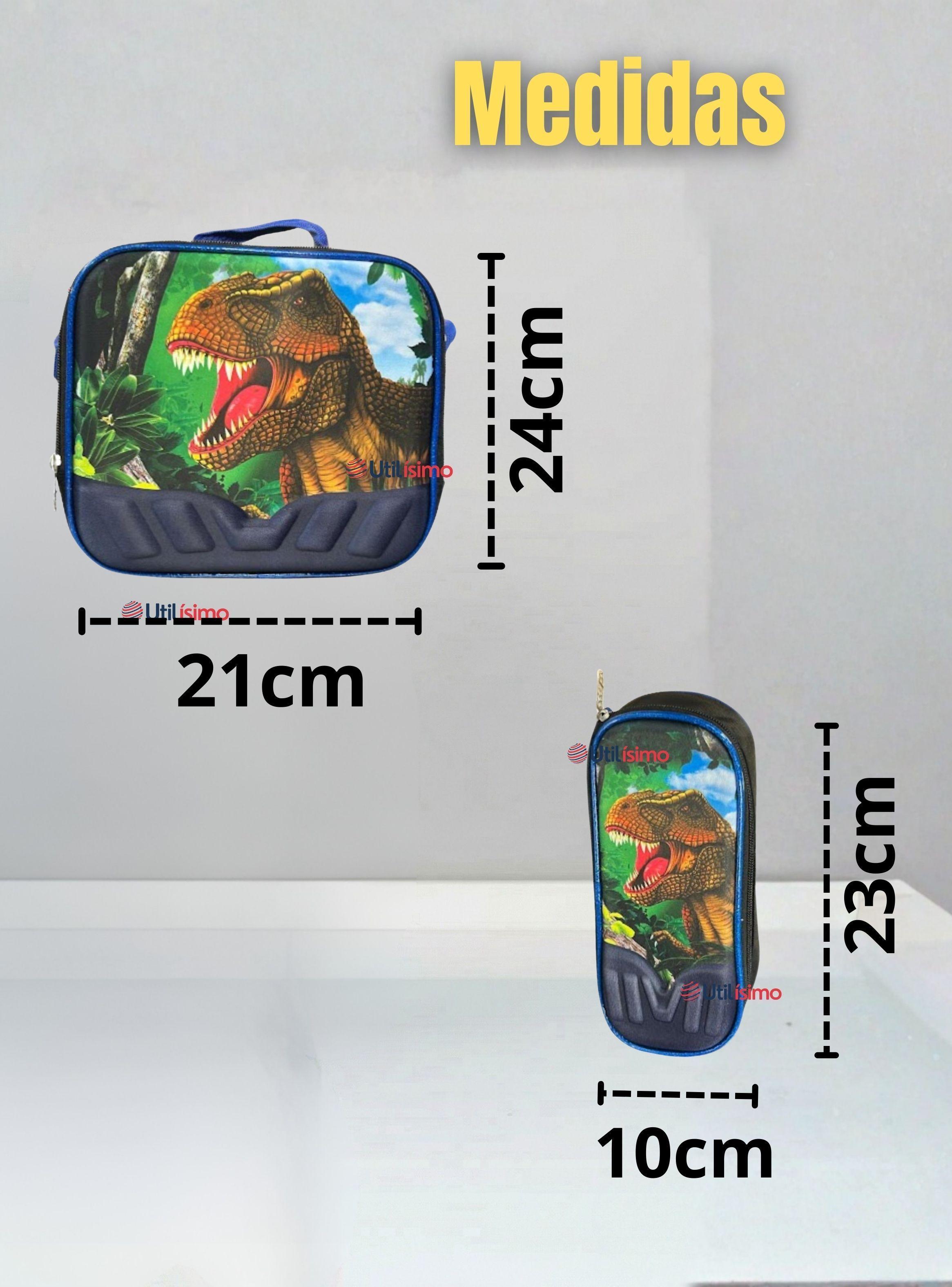Mochila Escolar Con Ruedas + Estuche y Lonchera Poliéster Dinosaurio Niño-3