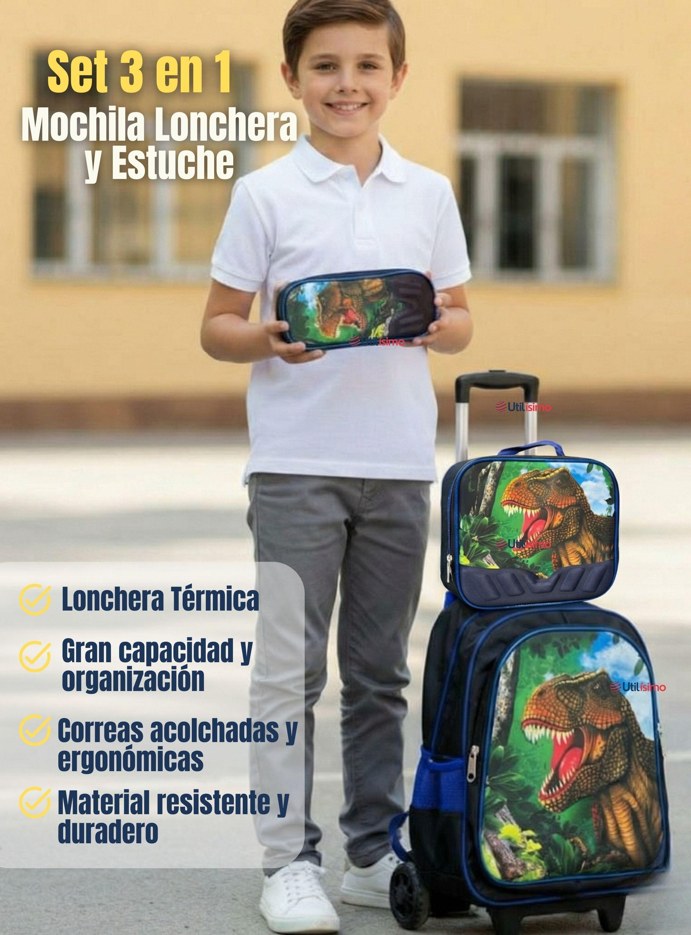 Mochila Escolar Con Ruedas + Estuche y Lonchera Poliéster Dinosaurio Niño-4