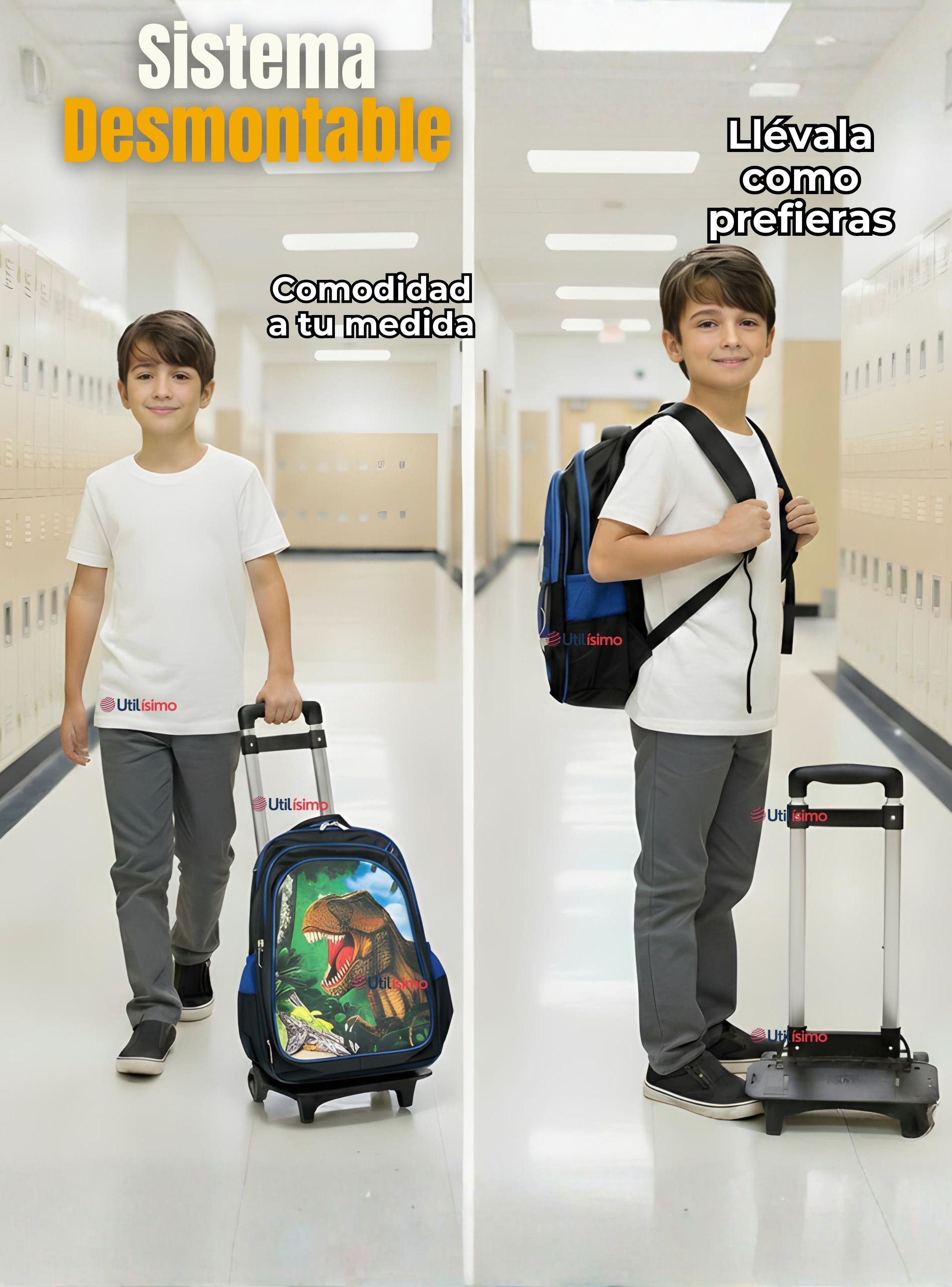 Mochila Escolar Con Ruedas + Estuche y Lonchera Poliéster Dinosaurio Niño-5