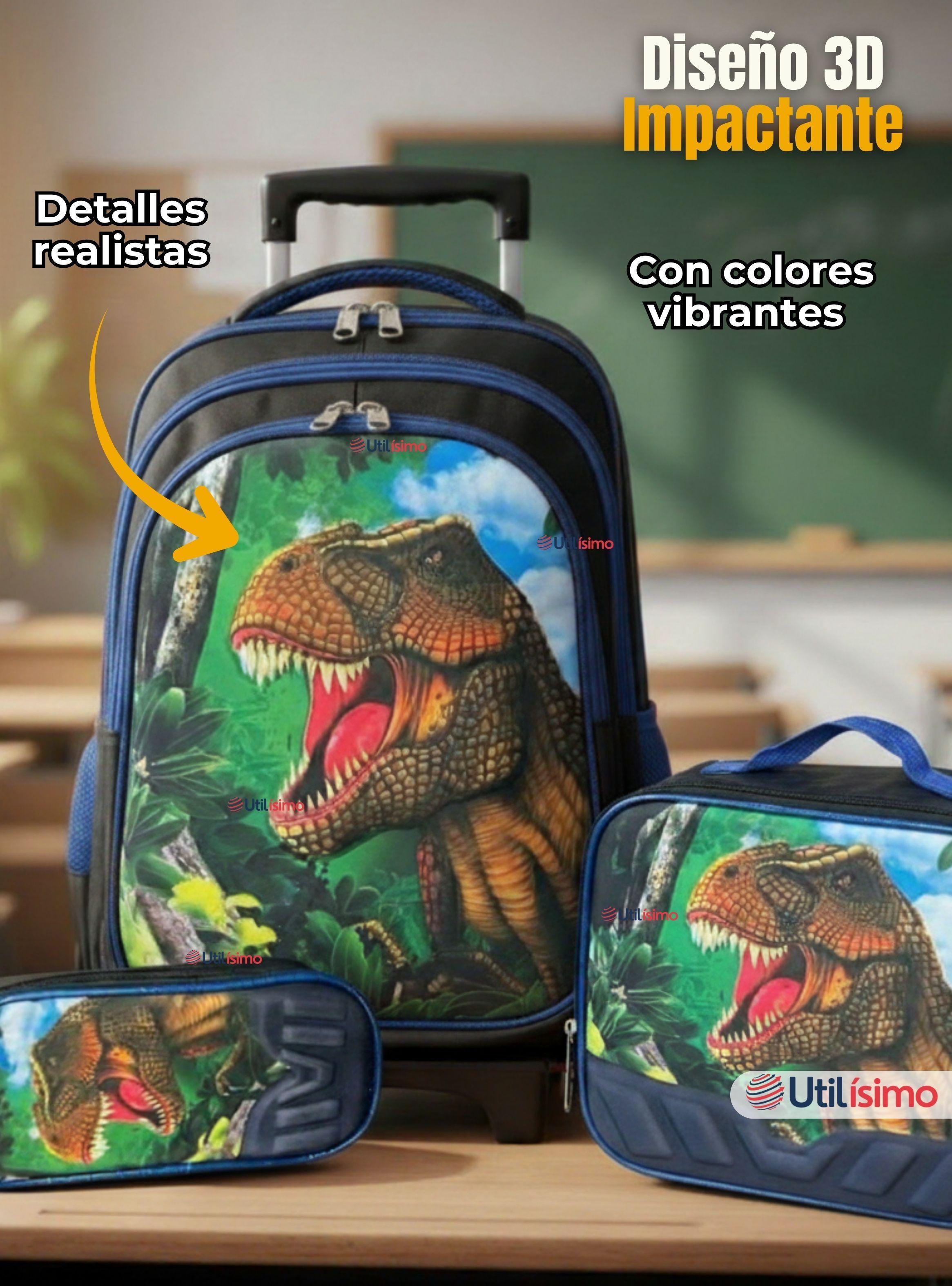 Mochila Escolar Con Ruedas + Estuche y Lonchera Poliéster Dinosaurio Niño-6