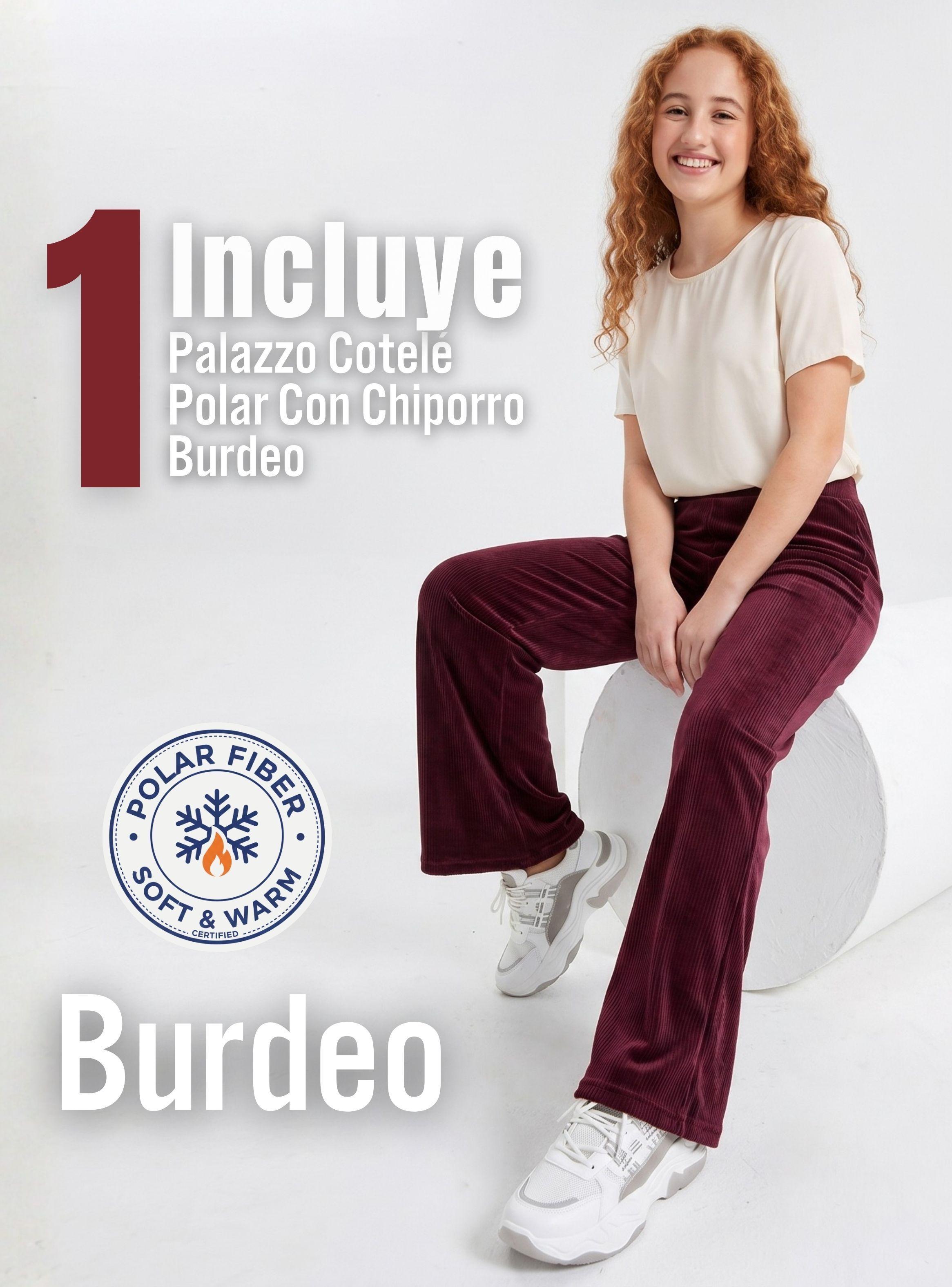 Pantalón Palazzo Polar Con Chiporro Niña Juvenil Calza Térmica Elasticada Burdeo-2