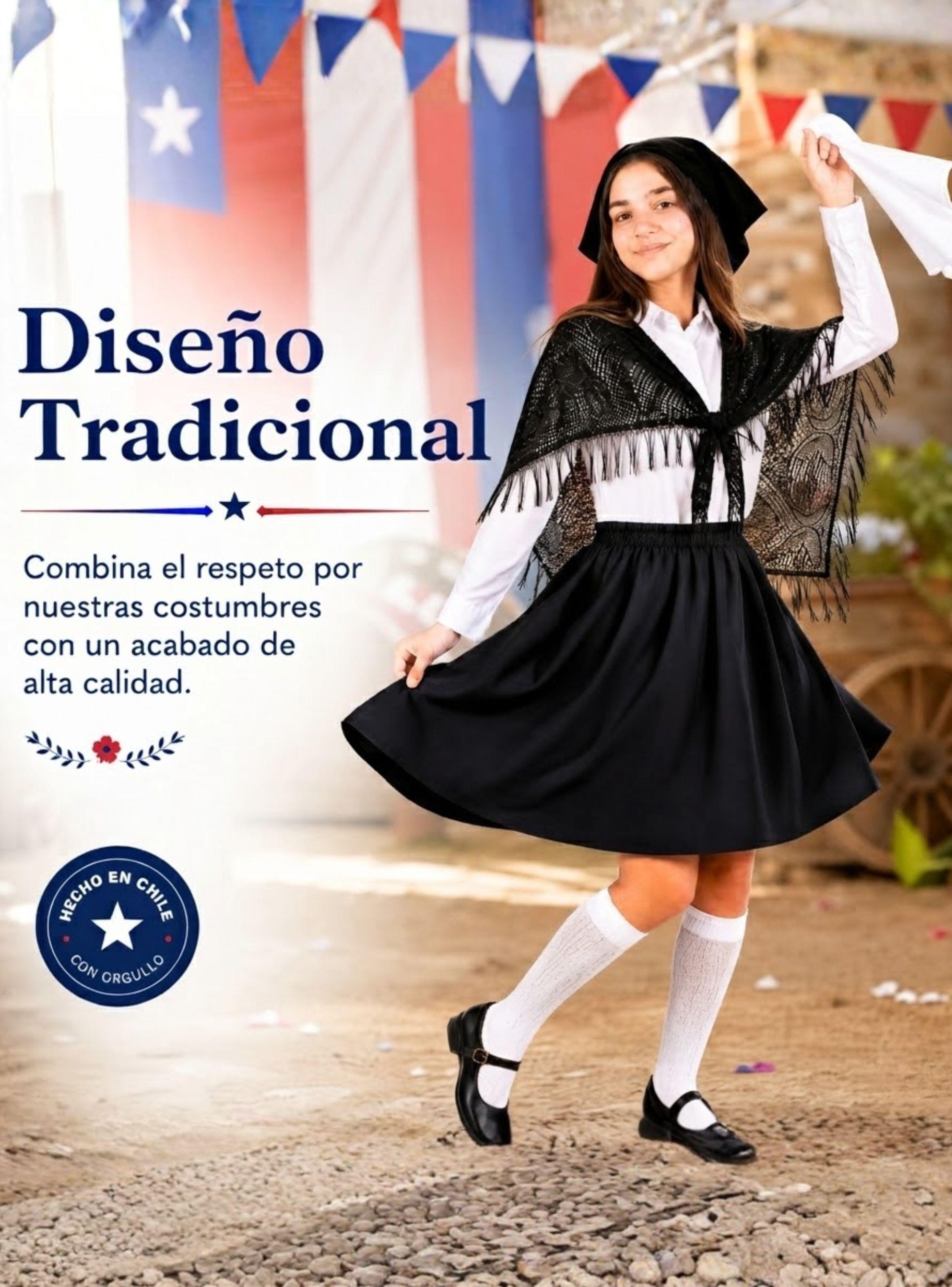 Traje Chilote de Niña 3 Piezas Negro Fiestas Patrias Baile Típico-7