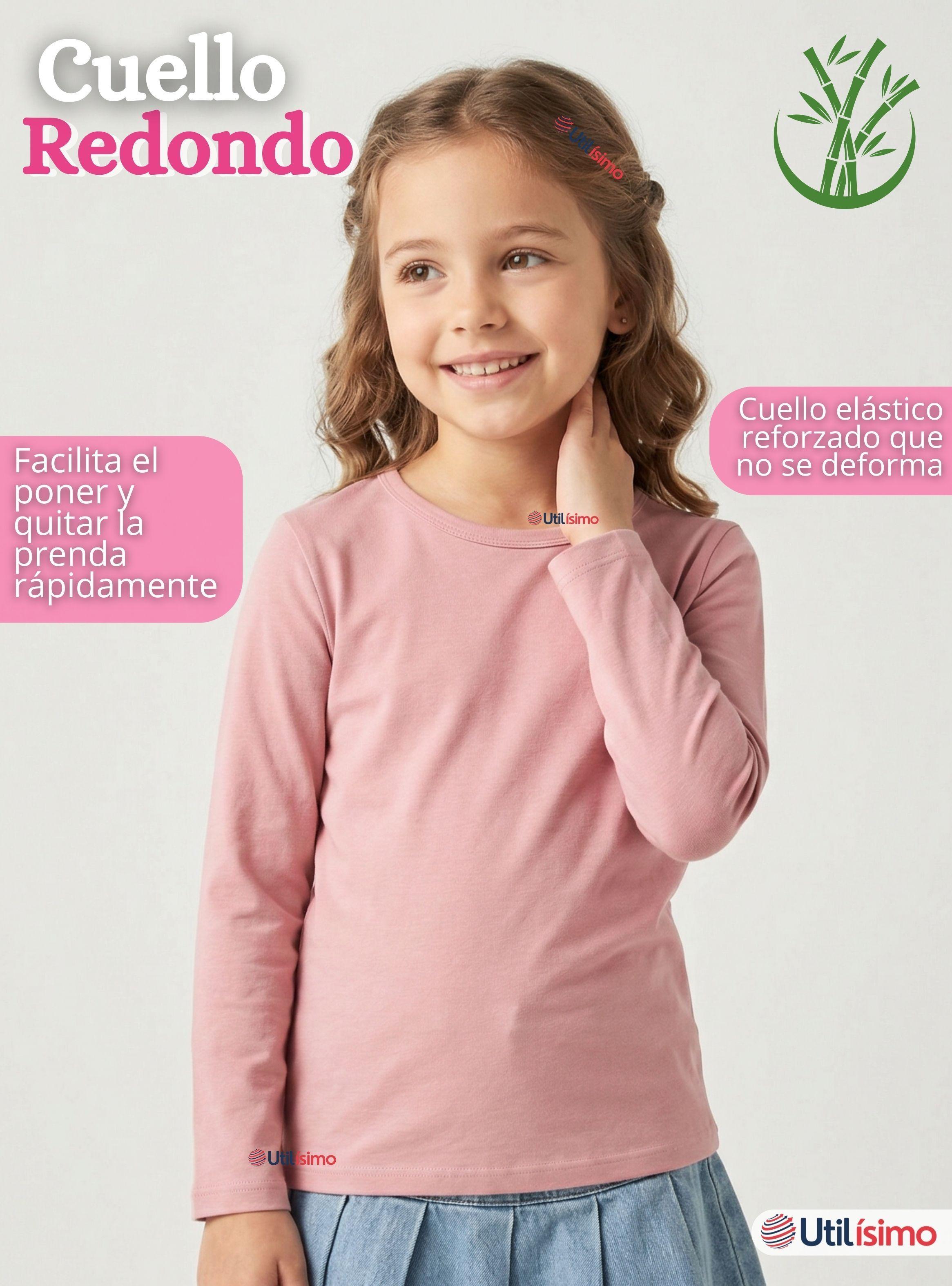 Camiseta Polera Bambú Cuello Redondo Rosado Claro Primera Capa Mangas Largas para Niñas-6